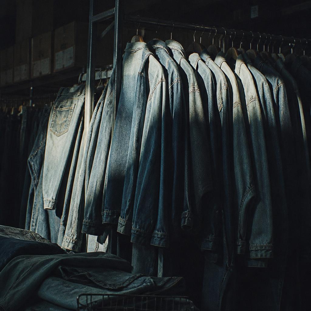 Rack of salvaged vintage Y2K denim in the SohoStich archive