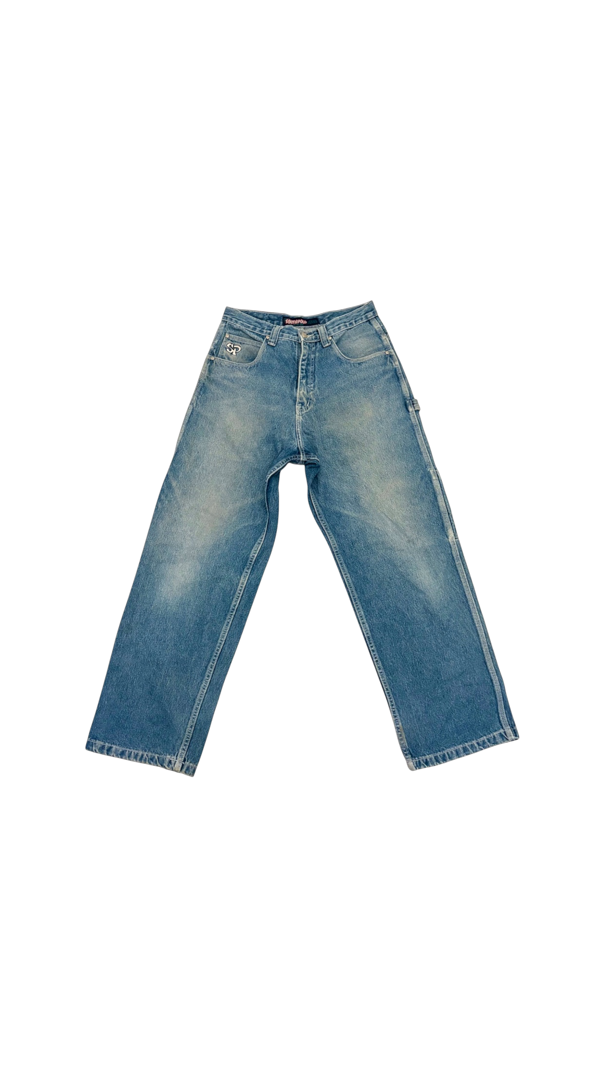 SohoStich Co. blue wash denim baggy carpenter jeans with relaxed fit and functional loop pocket.