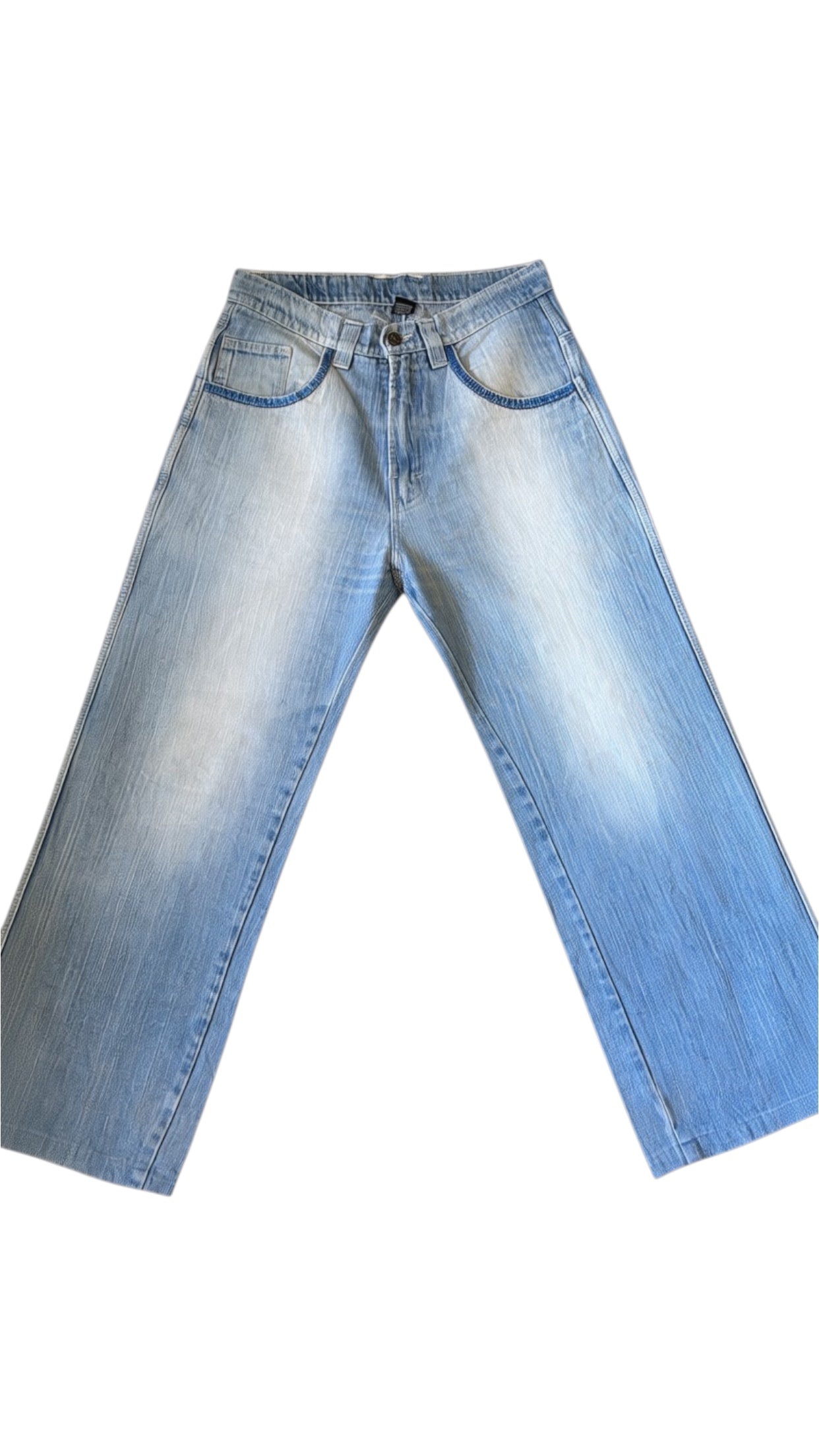 SohoStich Co. Lot 29 Baggy Denim Jeans in light blue wash with fading and whiskering. Relaxed fit, five-pocket design.