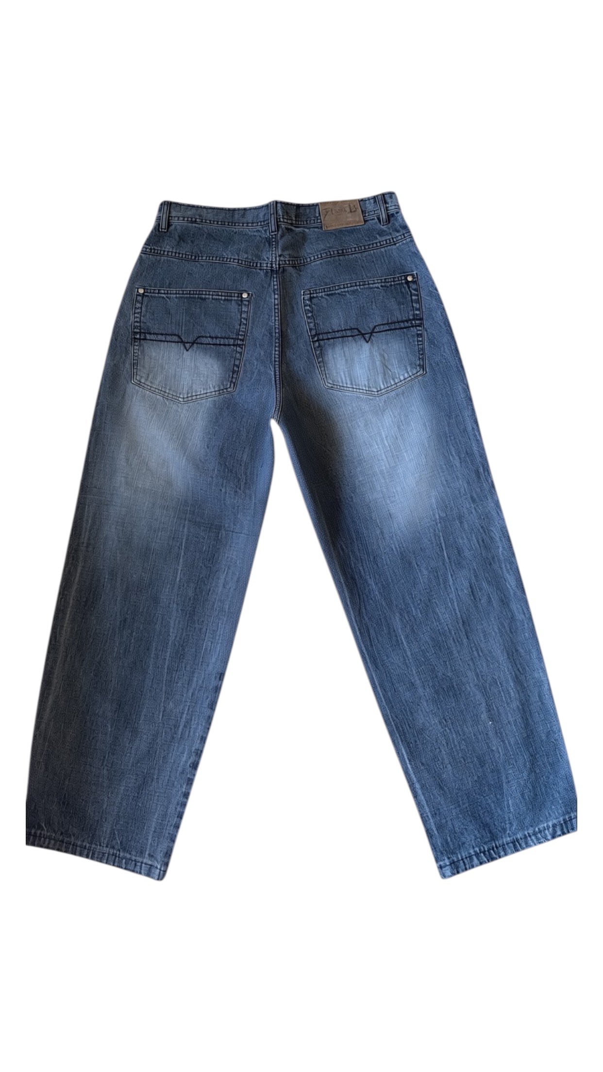 SohoStich Co. men's baggy fit blue denim jeans with fading and whiskering, five-pocket design.