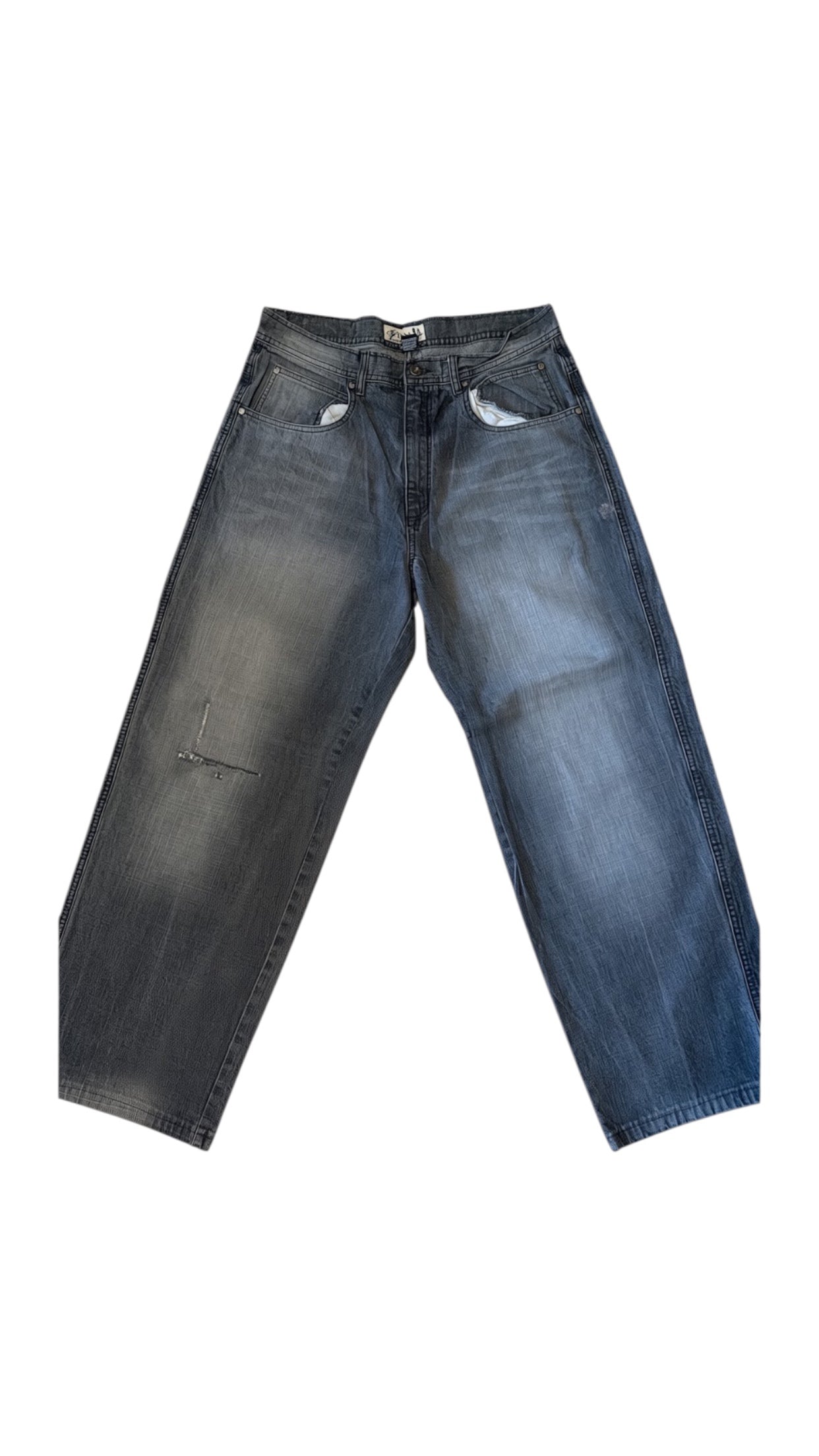 SohoStich Co. men's baggy fit blue denim jeans with fading and distressed detail.