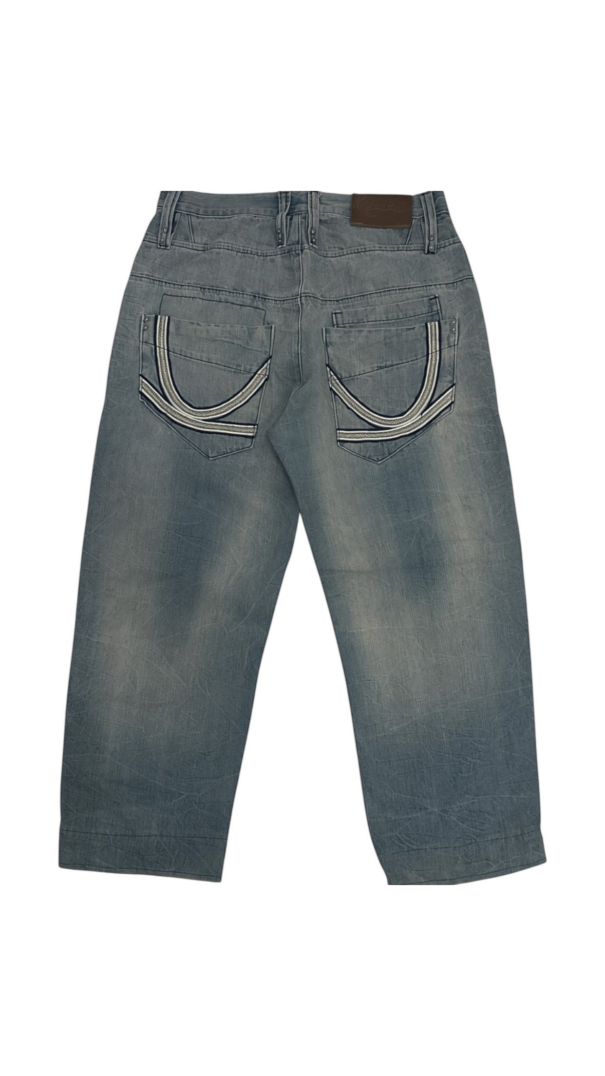 SohoStich Co. light blue denim baggy fit jeans with whiskering and faded wash. Features five-pocket design and embroidered logo.