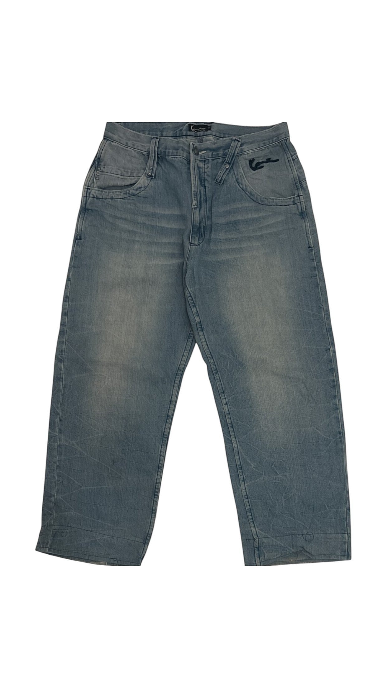 SohoStich Co. light blue denim baggy fit jeans with embroidered logo on coin pocket and faded wash.