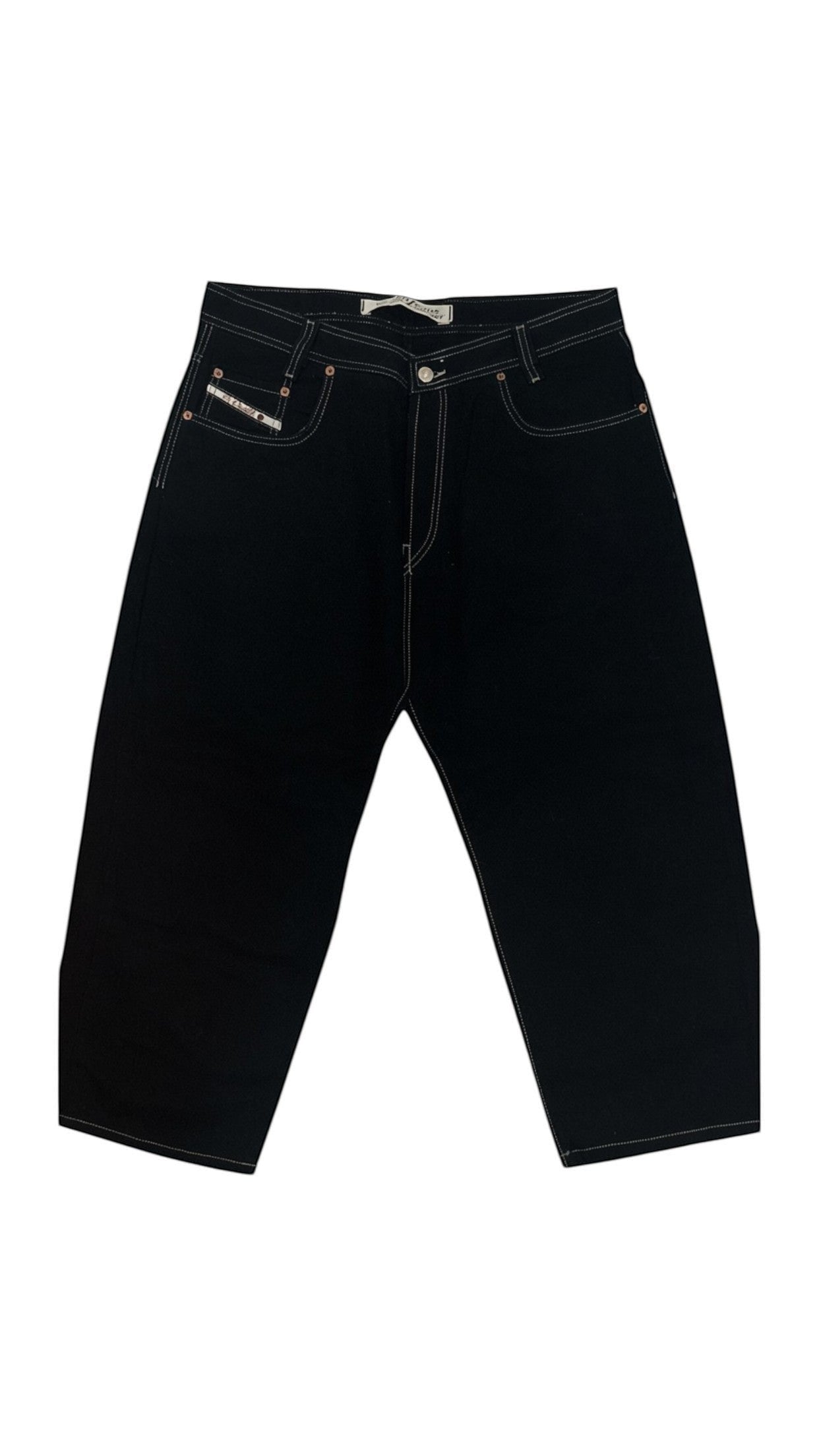 SohoStich Co. Men's relaxed fit black denim cargo shorts with white contrast stitching and metal zipper fly.