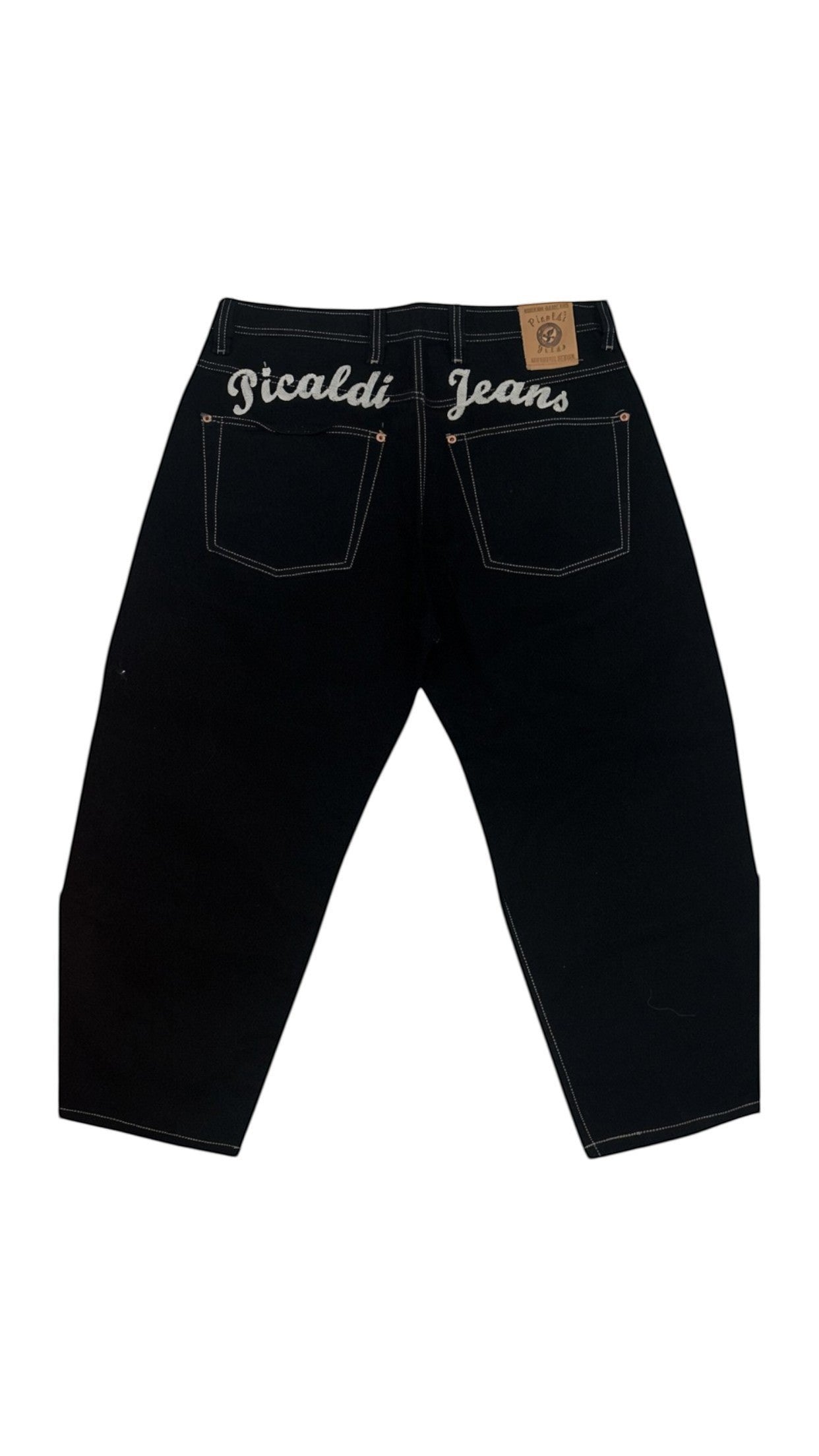 SohoStich Co. black denim shorts with white stitching and embroidered logo on back pockets.
