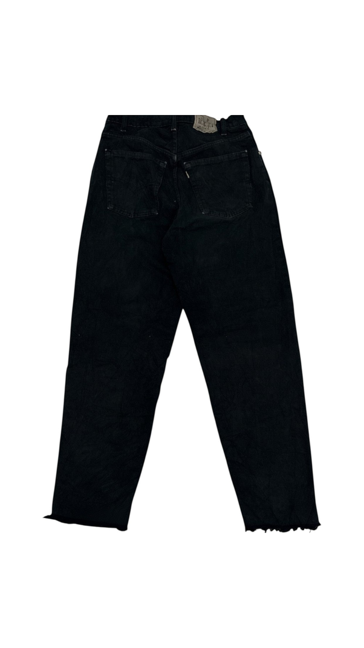 SohoStich Co. black denim jeans with distressed accents and paint splatters, five-pocket design, belt loops, zip fly.