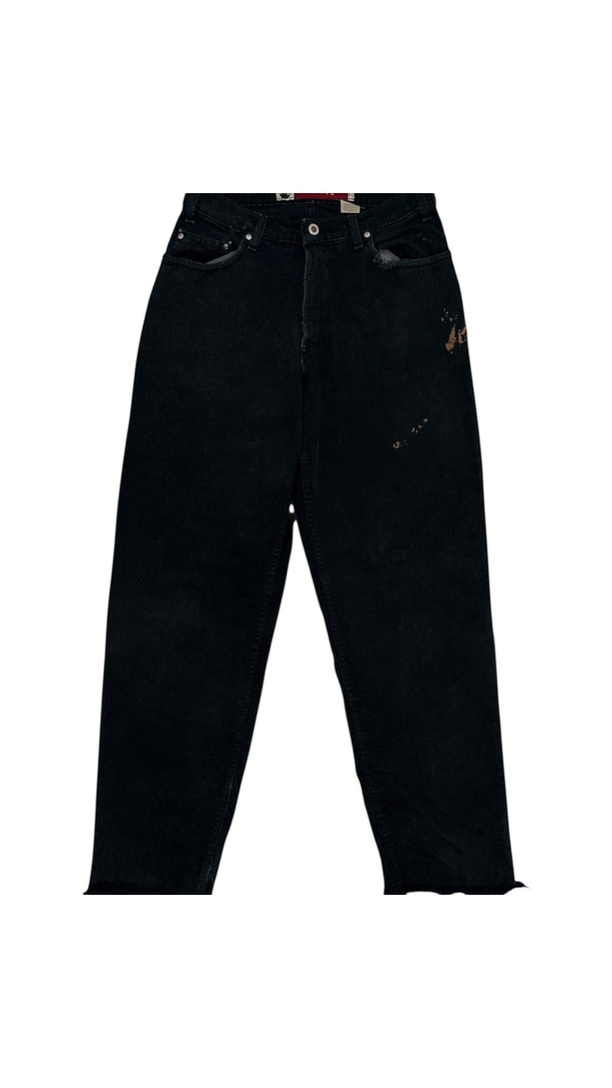 SohoStich Co. black cotton denim jeans with distressed accents and paint splatters, five-pocket design, zip fly.