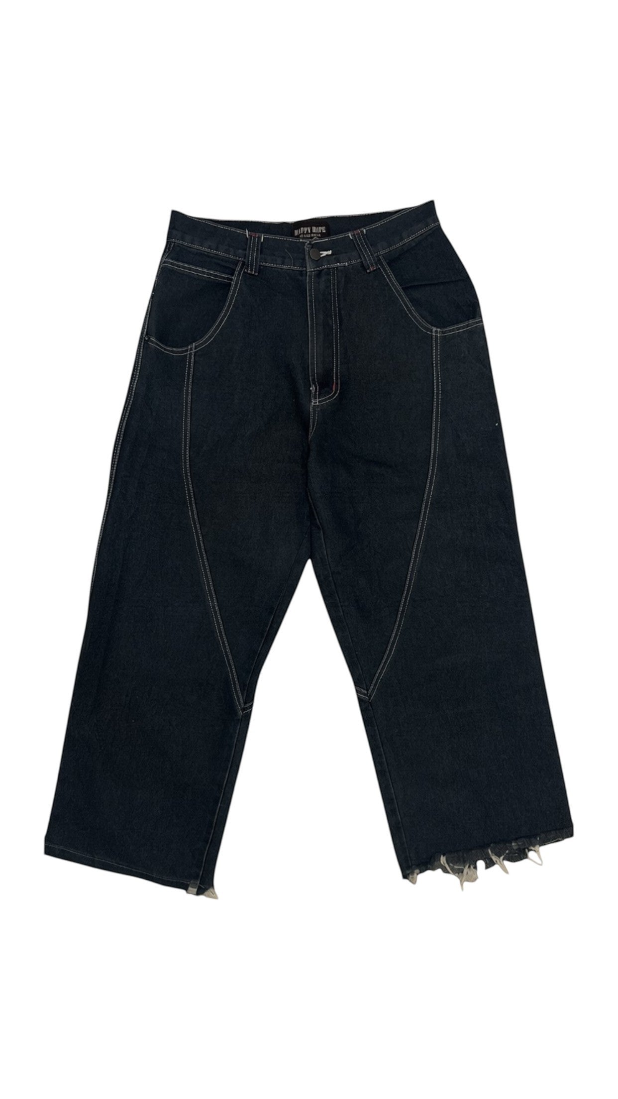 SohoStich Co. black denim pants with white stitching, distressed hem, and embroidered logo.