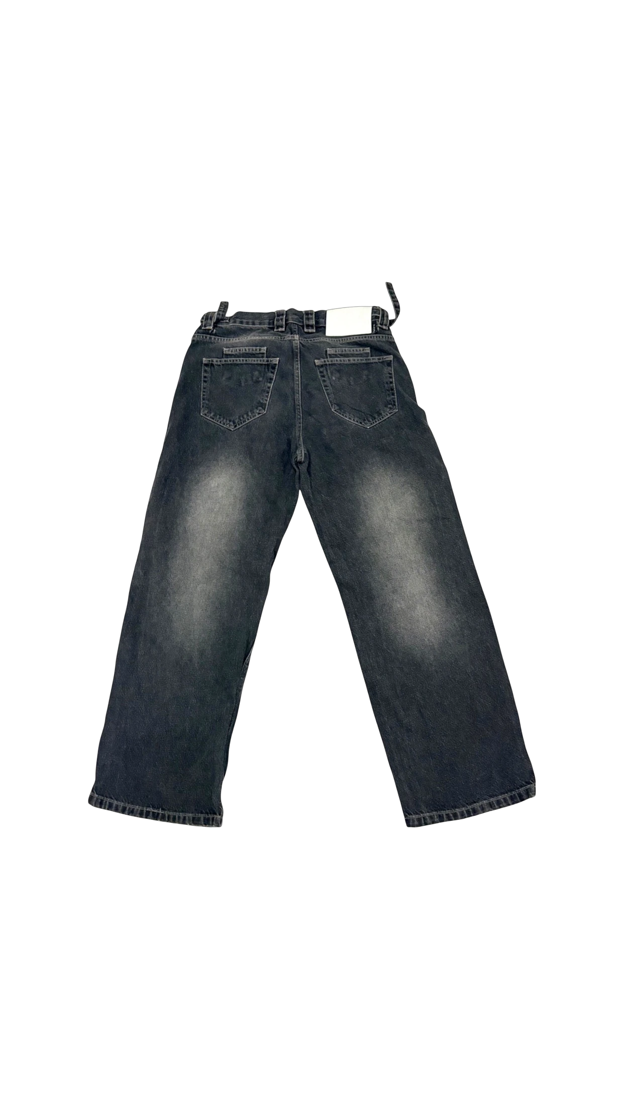 SohoStich Co. black washed-out denim jeans with graphic print, wide leg, distressed details, and five-pocket design.