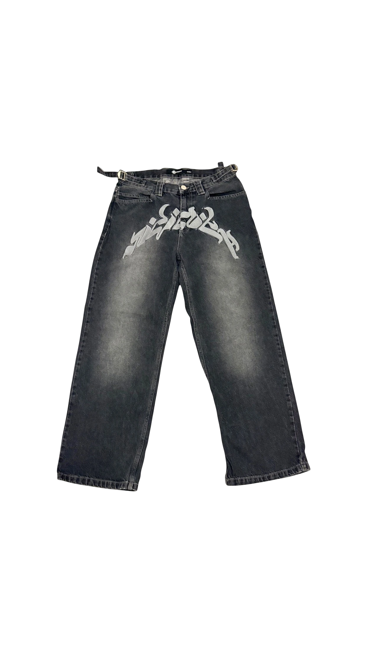 SohoStich Co. black washed-out denim jeans with graphic print and adjustable buckle waist