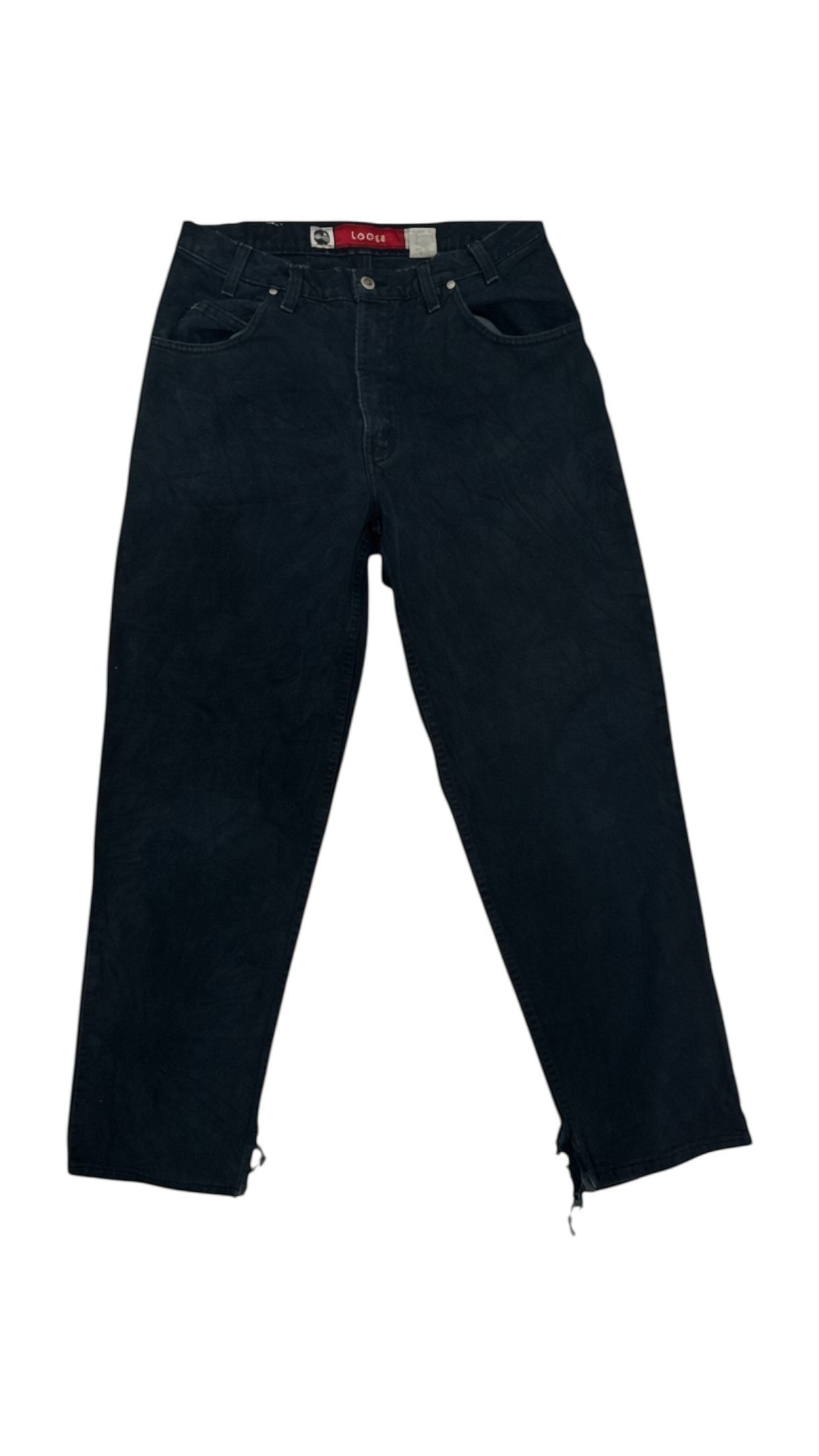 SohoStich Co. black relaxed fit denim jeans with five-pocket design and distressed hem.