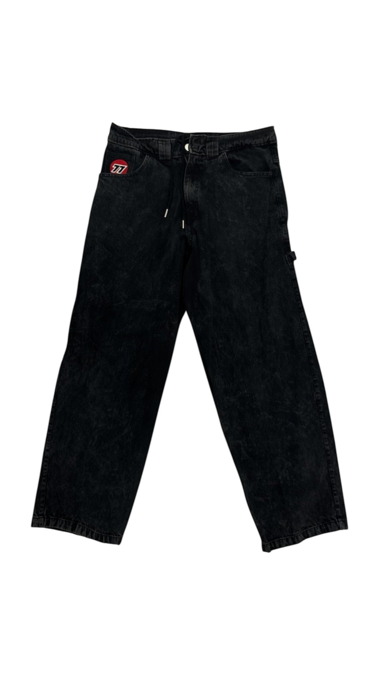 SohoStich Co. black wash acid wash denim carpenter jeans with relaxed fit and multiple cargo pockets.