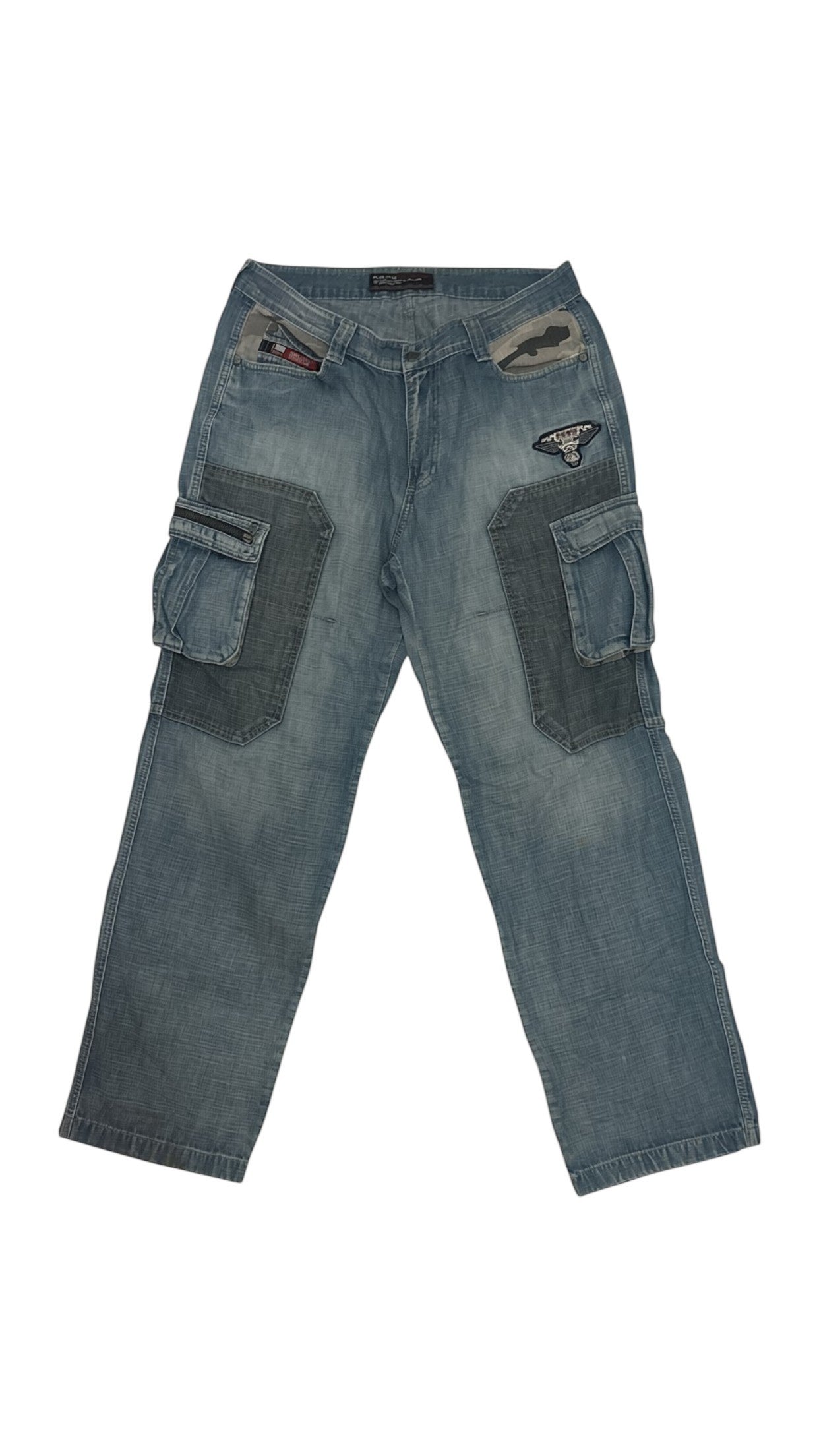 SohoStich Co. blue denim cargo pants with multiple pockets, camouflage lining detail, and brand tag.