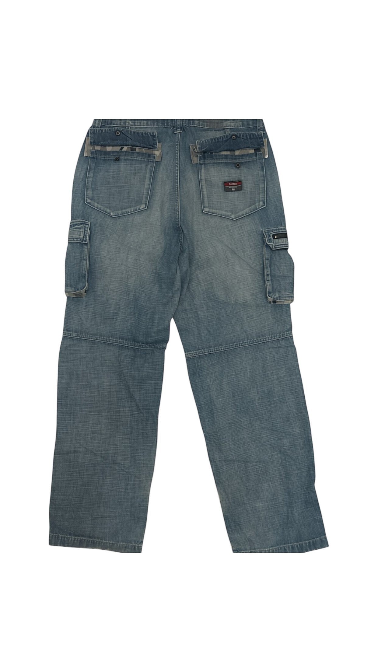 SohoStich Co. blue denim cargo pants with multiple pockets and camouflage lining detail.