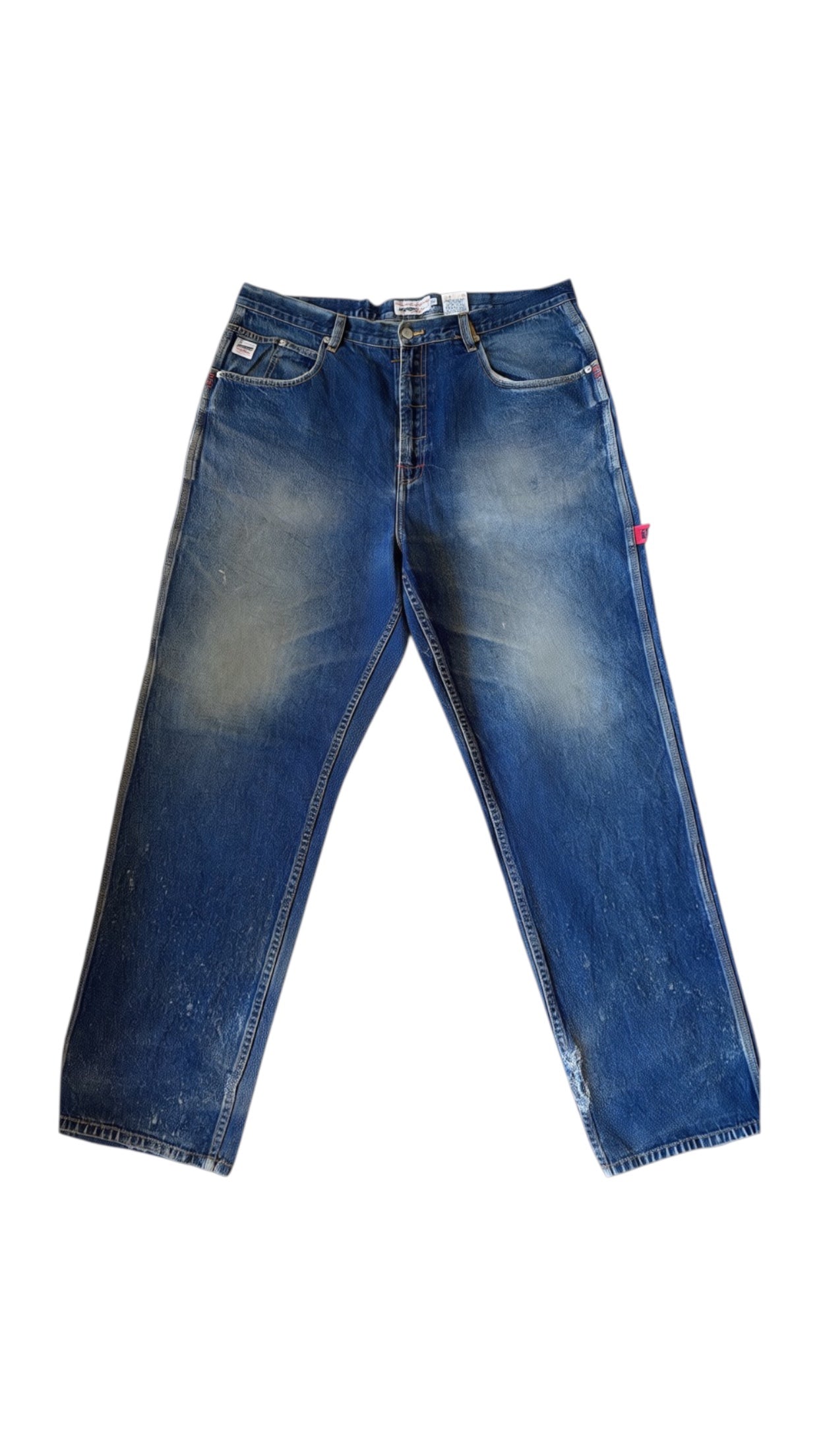 SohoStich Co. blue denim carpenter jeans with paint splatters and distressed details, straight leg fit.