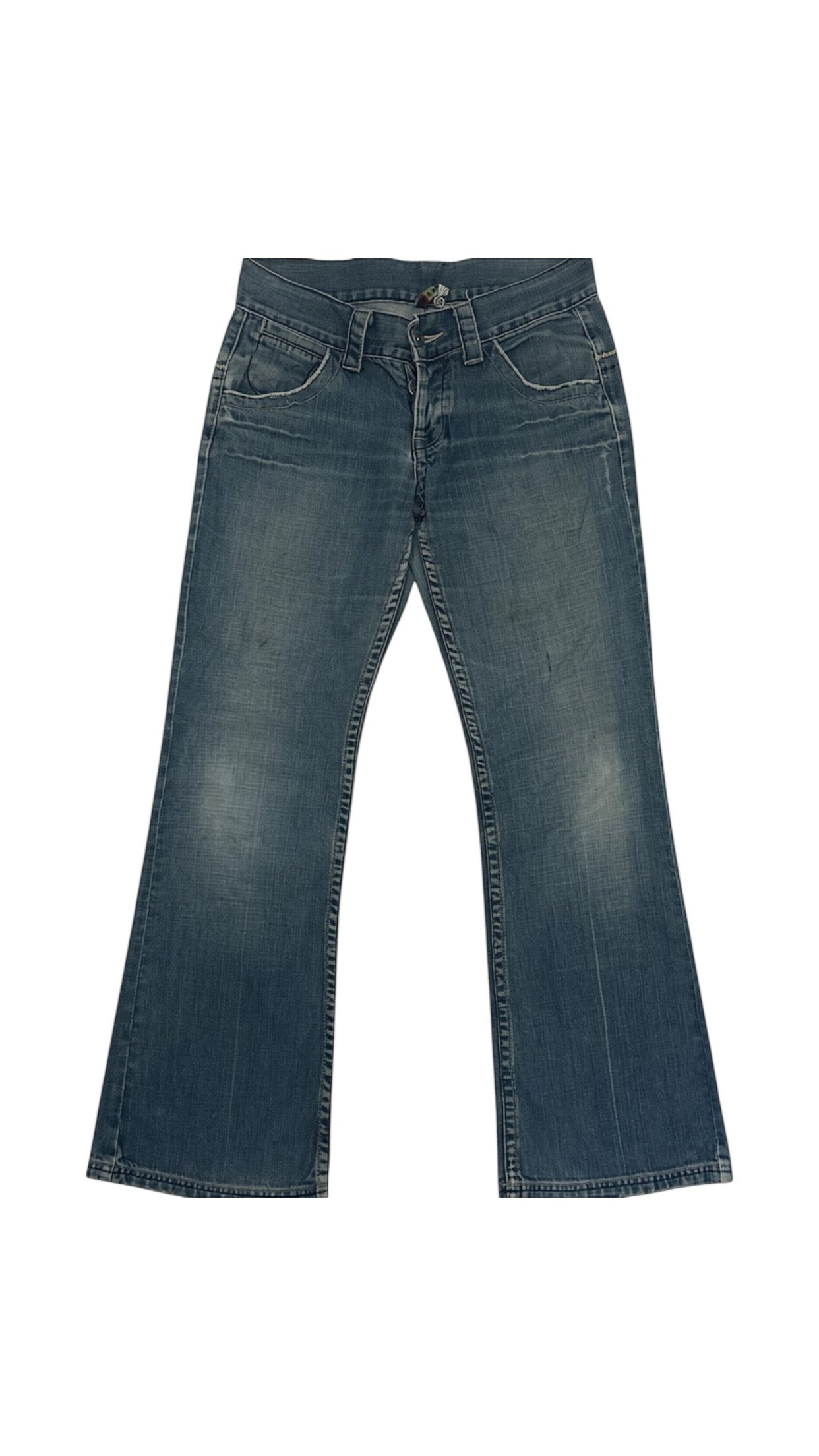 SohoStich Co. blue denim flare jeans with distressed hem and 