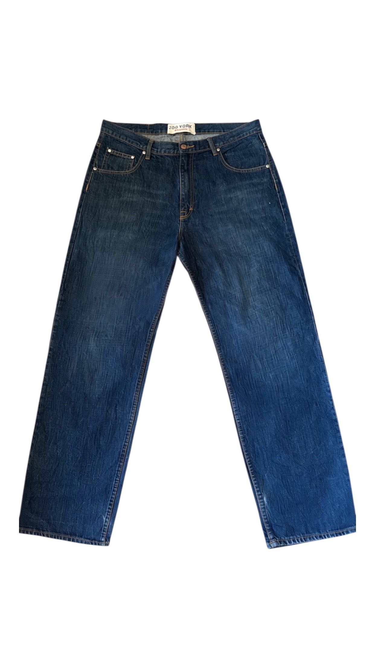 SohoStich Co. blue denim jeans with relaxed fit and graphic print on back. Classic five-pocket design.