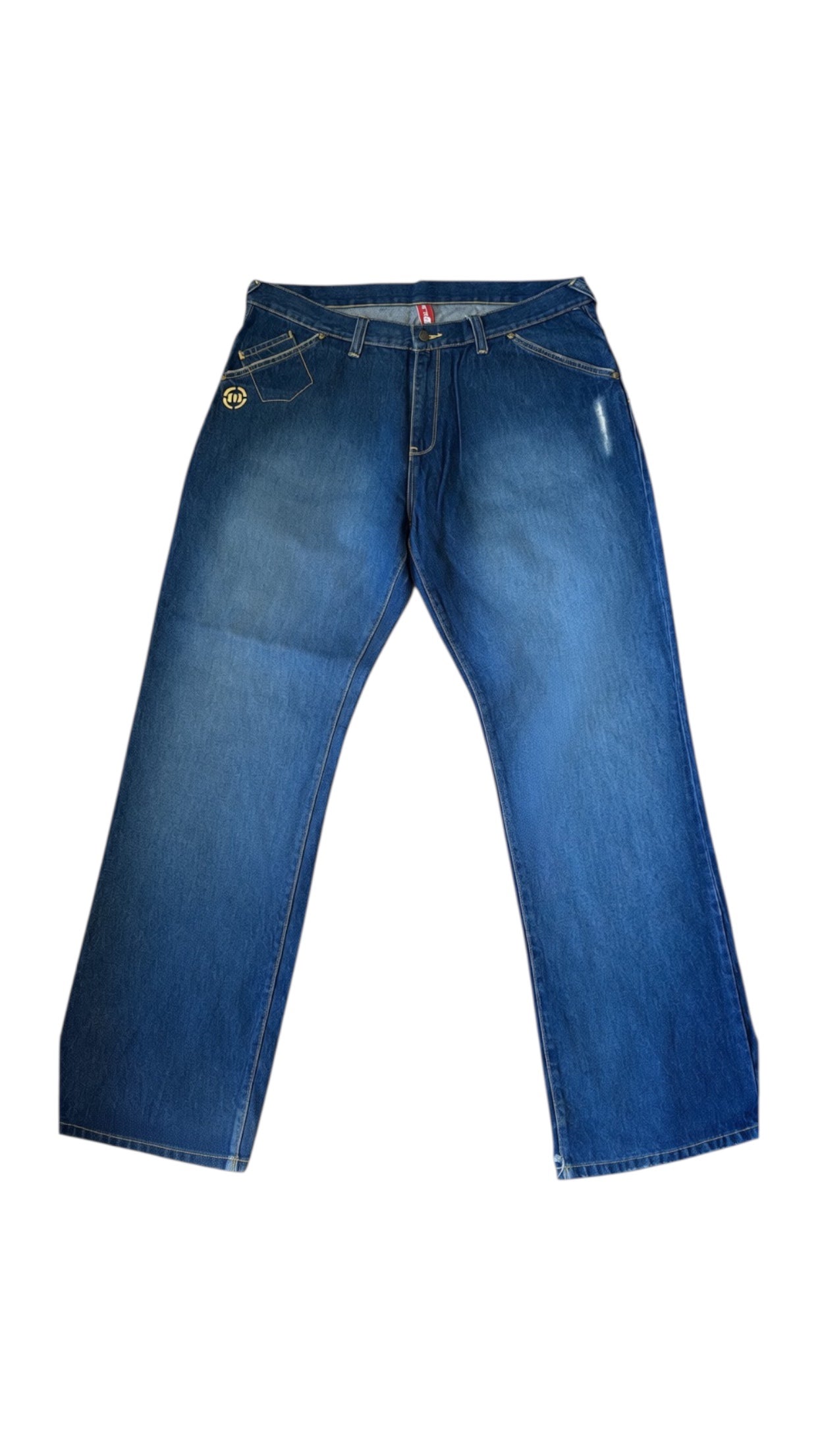 SohoStich Co. blue denim relaxed fit jeans with five-pocket design and embroidered logo detail.