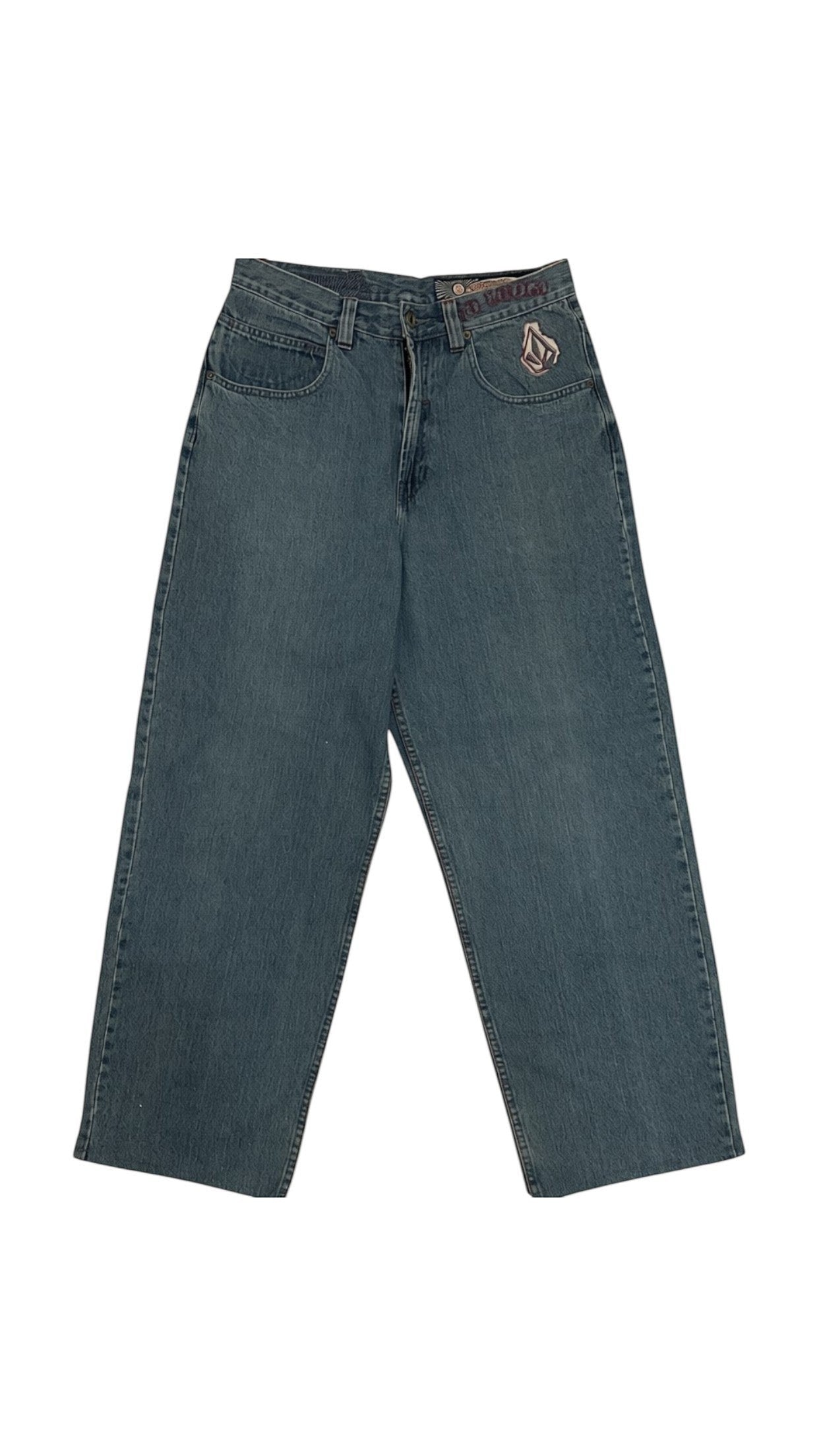 SohoStich Co. blue wash relaxed fit wide-leg denim jeans with five-pocket design and logo detail.