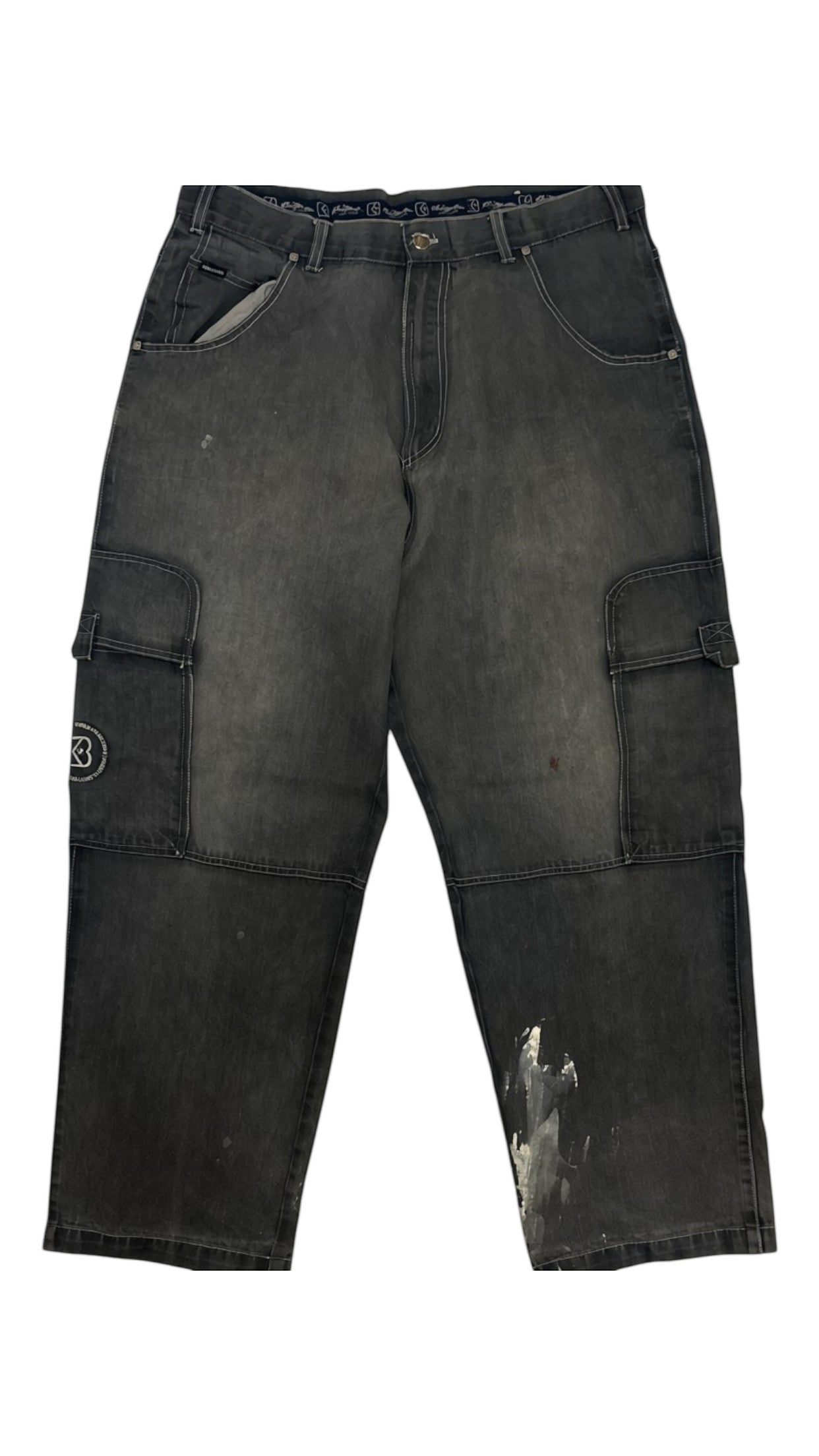 SohoStich Co. charcoal grey distressed denim cargo pants with multiple pockets and signature embroidery.