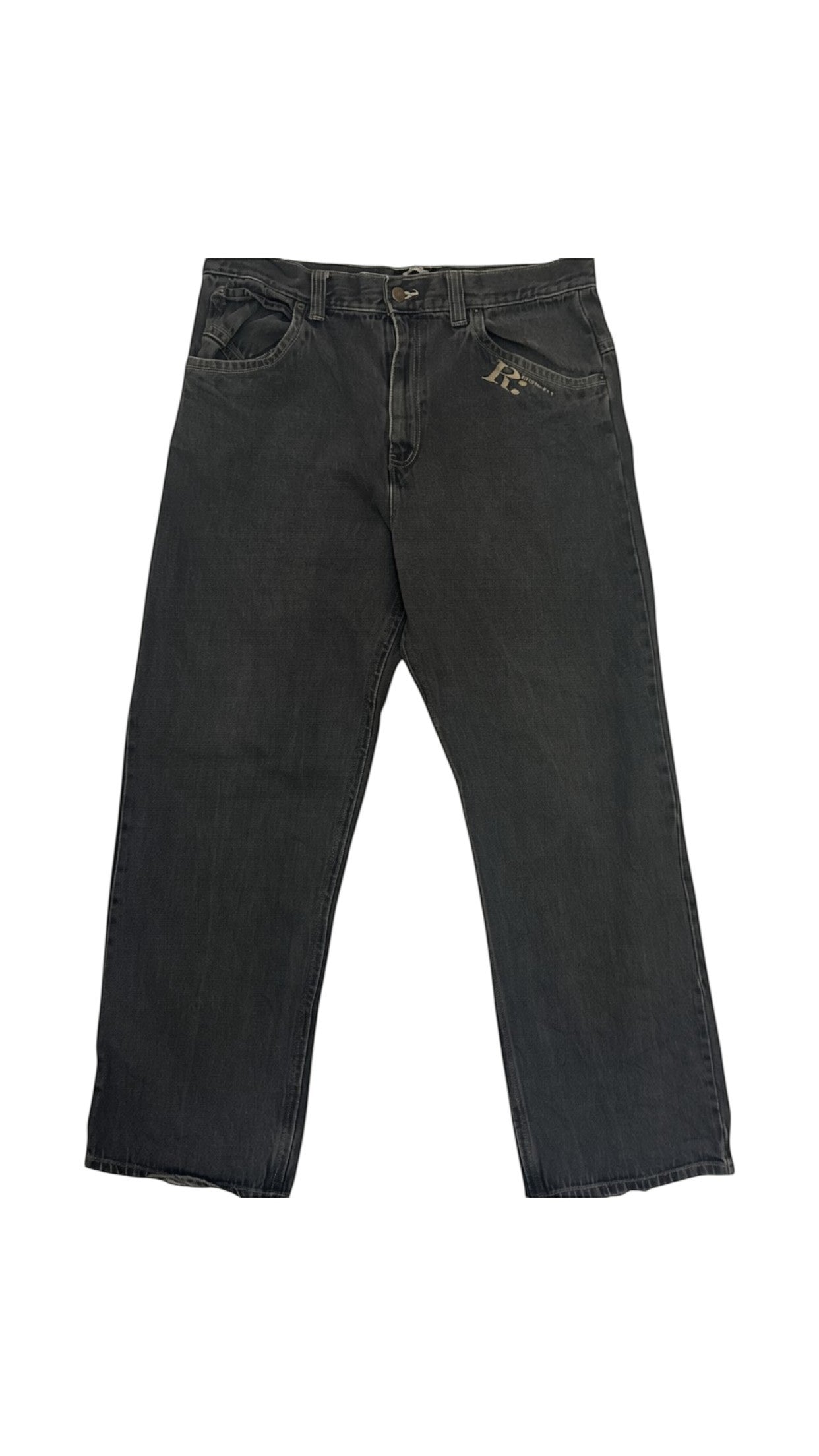 SohoStich Co. charcoal grey relaxed fit denim jeans with embroidered 