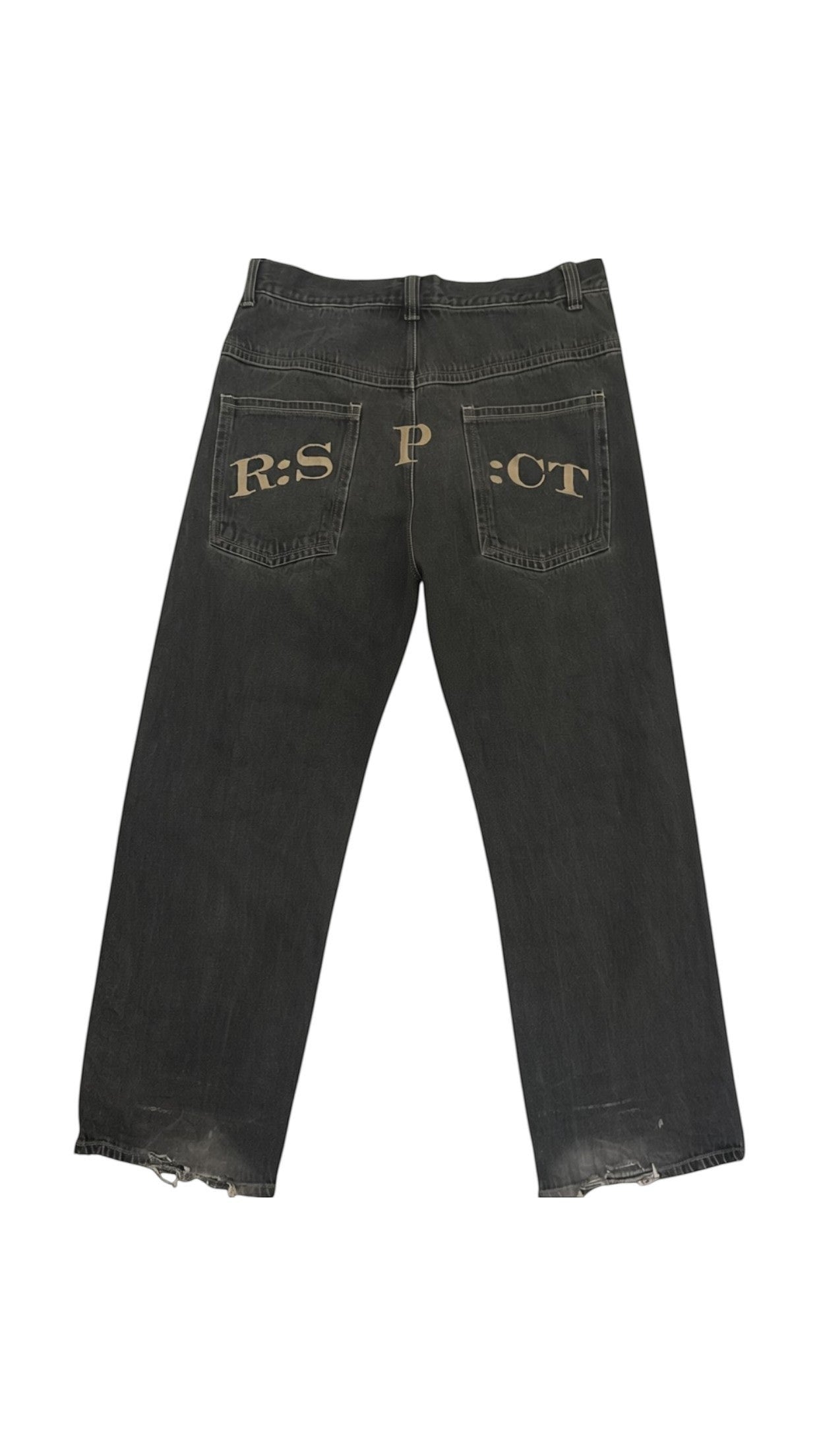 SohoStich Co. charcoal grey denim jeans with distressed hem and embroidered graphics 