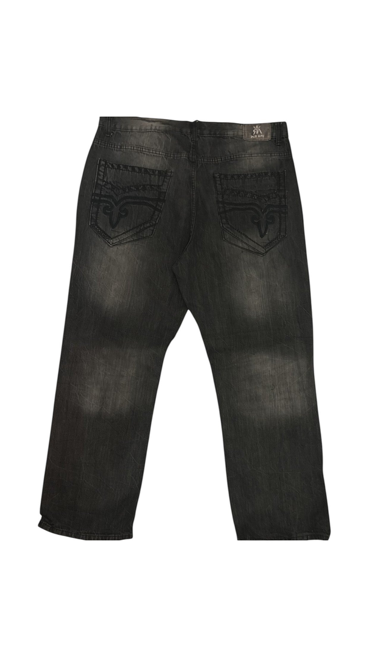 SohoStich Co. men's charcoal grey distressed denim jeans with embroidered back pockets and subtle logo on waistband.