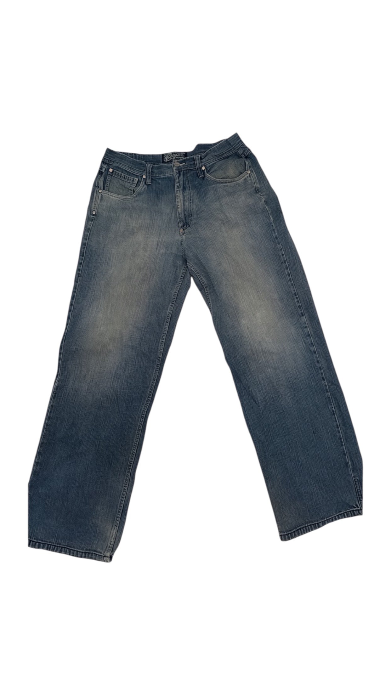 SohoStich Co. Classic straight leg denim jeans in blue wash with five-pocket styling and zip fly.
