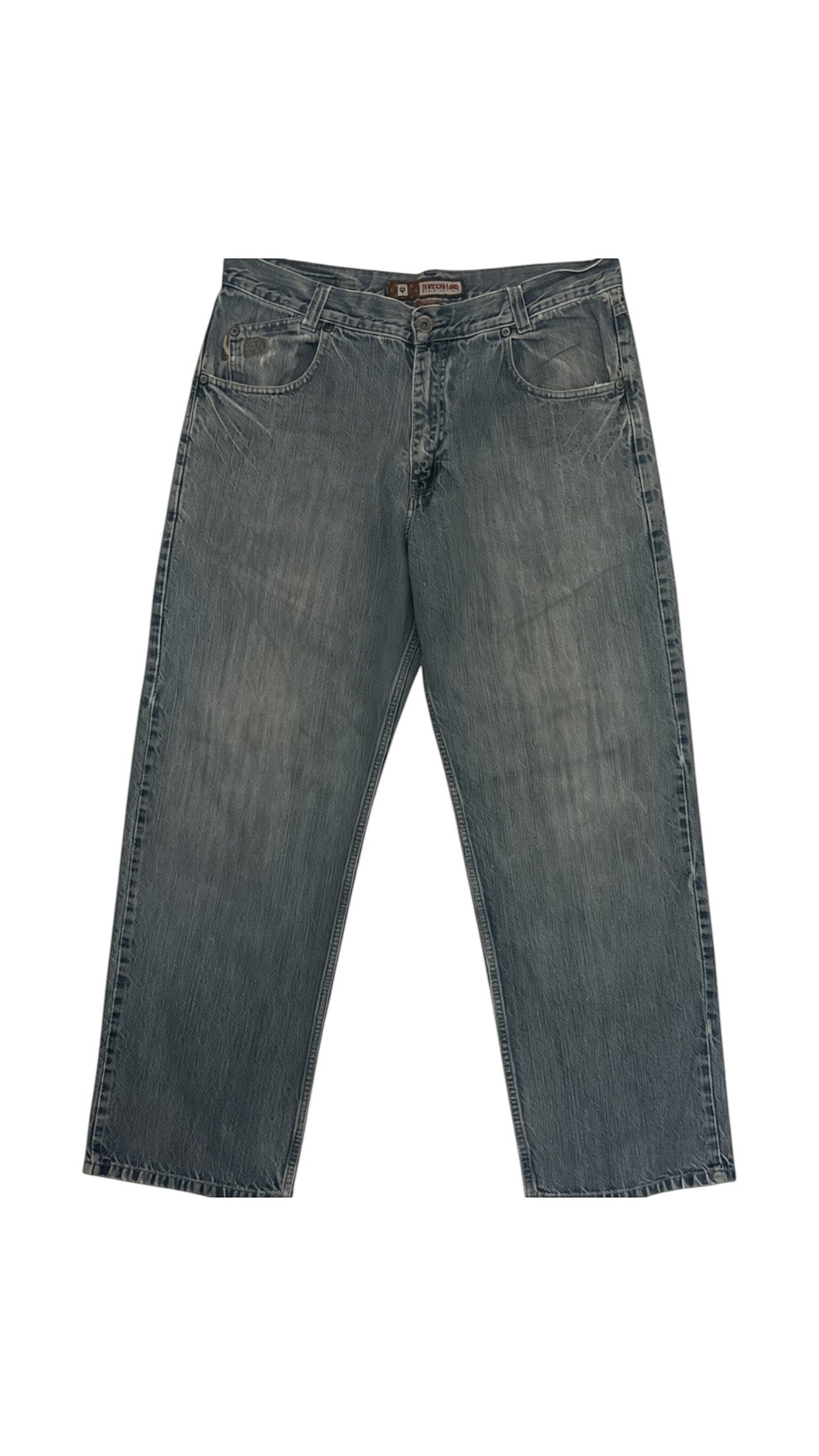 SohoStich Co. Classic blue denim jeans with a straight leg, subtle wash, whiskering, and five-pocket styling.
