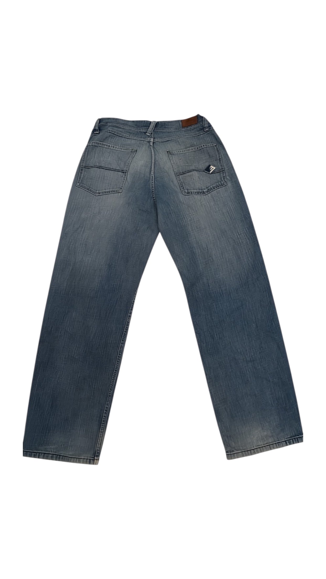 SohoStich Co. classic straight leg denim jeans in blue wash with five-pocket styling and faded details.