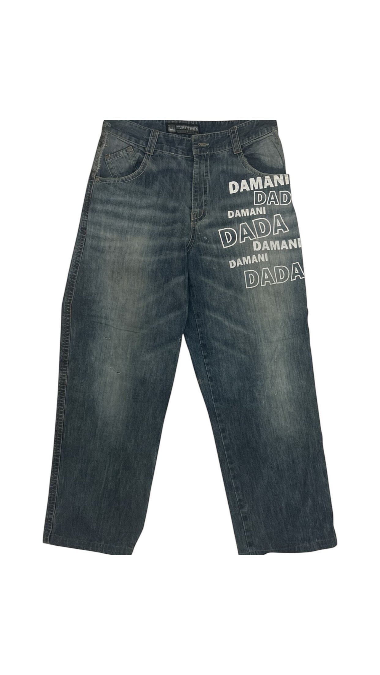 SohoStich Co. blue denim jeans with distressed details and white 