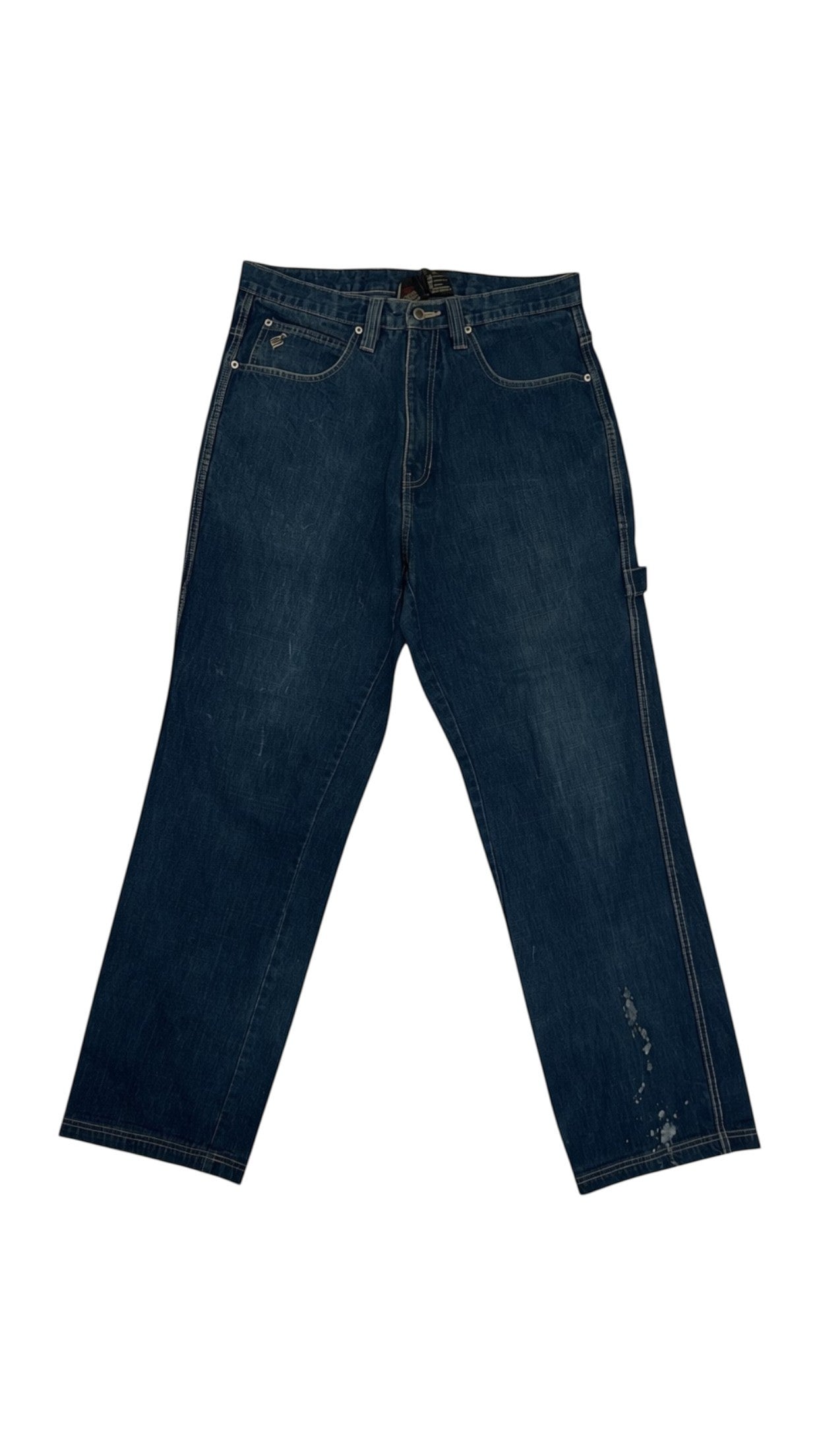 SohoStich Co. dark wash denim carpenter jeans with distressed details and utility pocket.