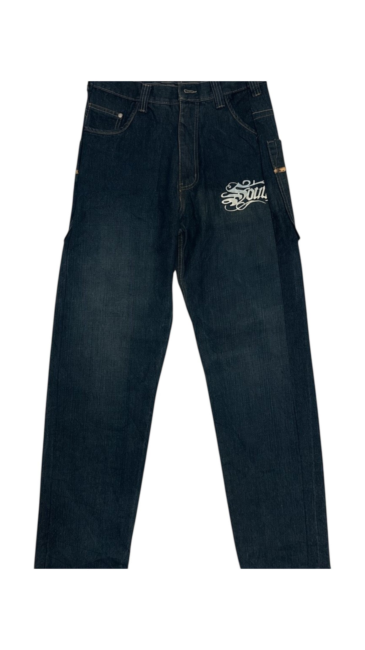 SohoStich Co. dark wash denim carpenter pants with baggy fit and embroidered logo detail.
