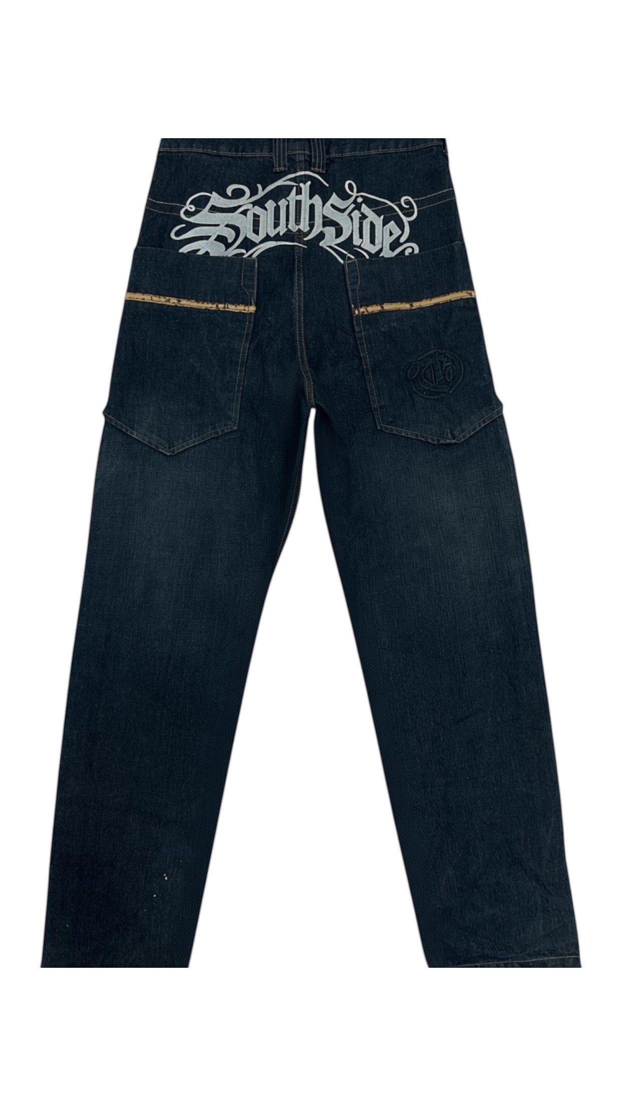 SohoStich Co. dark wash denim carpenter pants with baggy fit, embroidered logo, and five-pocket design.