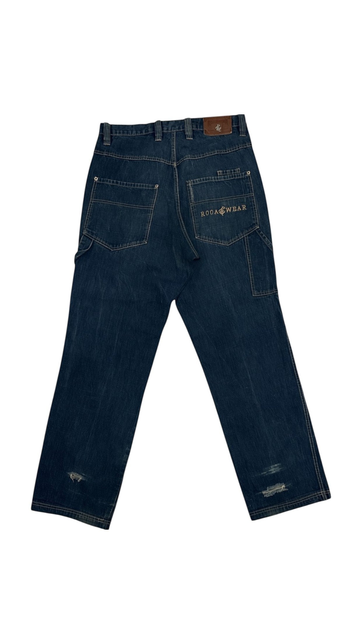 SohoStich Co. dark wash denim carpenter jeans with distressed details, utility pocket, and ROOA WEAR branding.