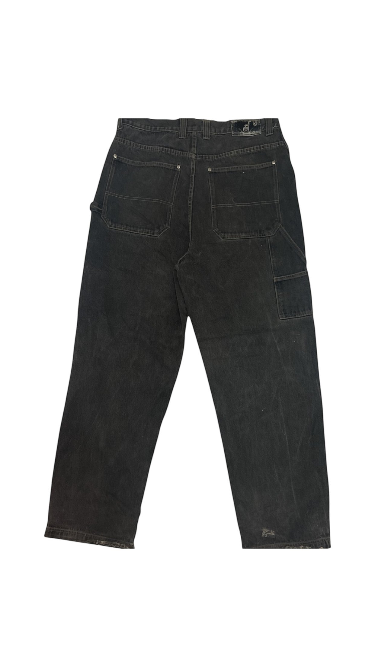 SohoStich Co. dark wash distressed denim carpenter pants with relaxed fit and five-pocket styling.