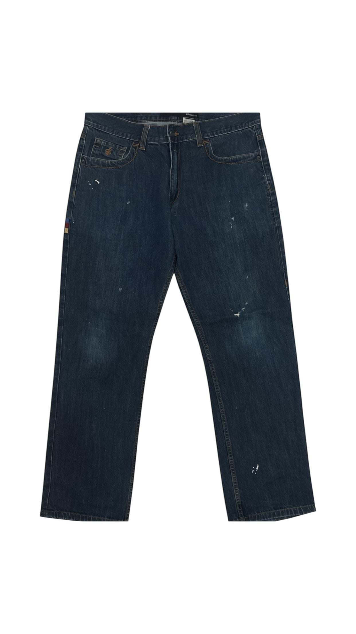 SohoStich Co. Men's dark wash denim jeans with white stitching and colorful striped embroidery on back pocket.