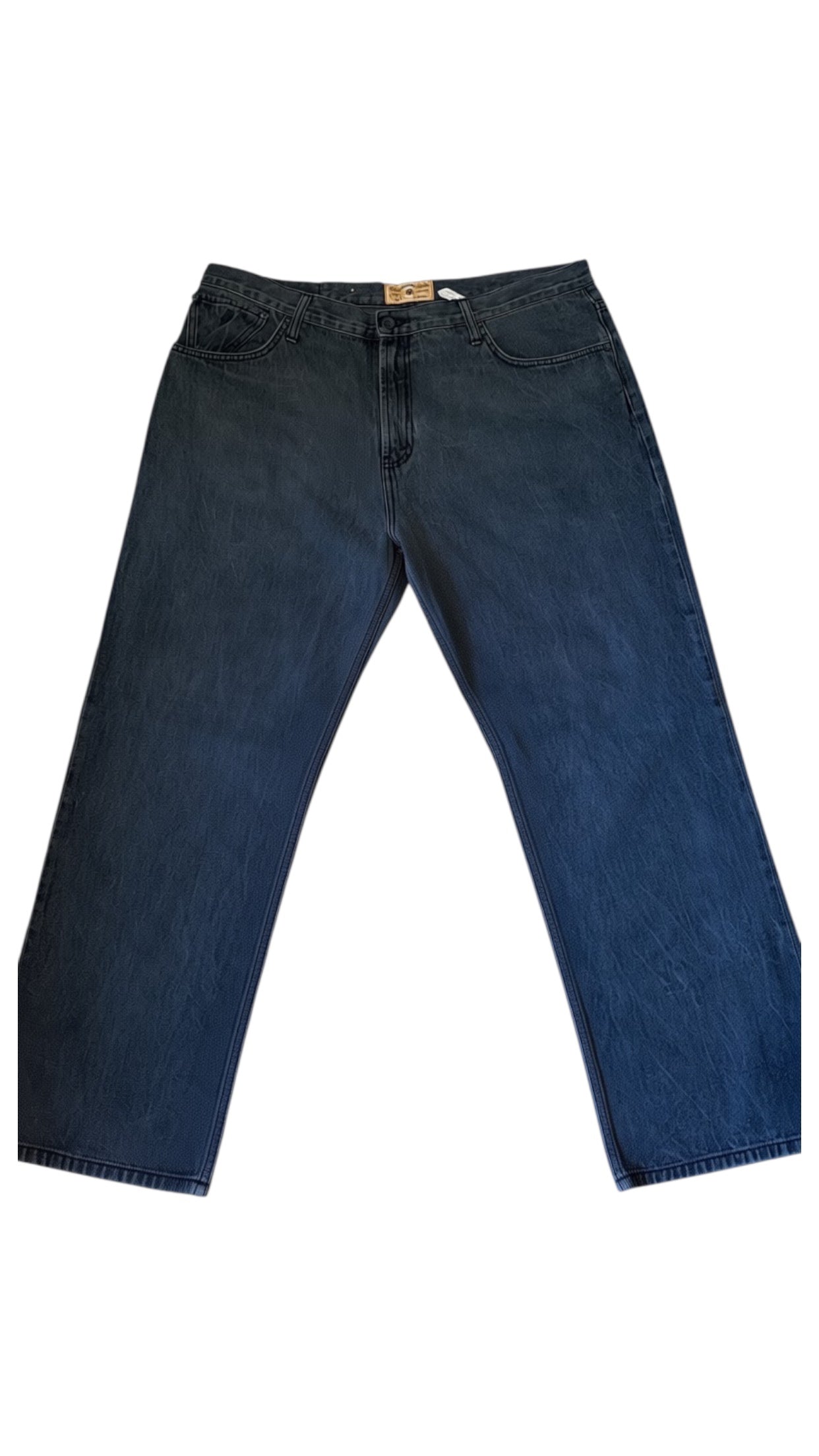 SohoStich Co. dark wash relaxed fit denim jeans for men with five-pocket design and whiskering detail.