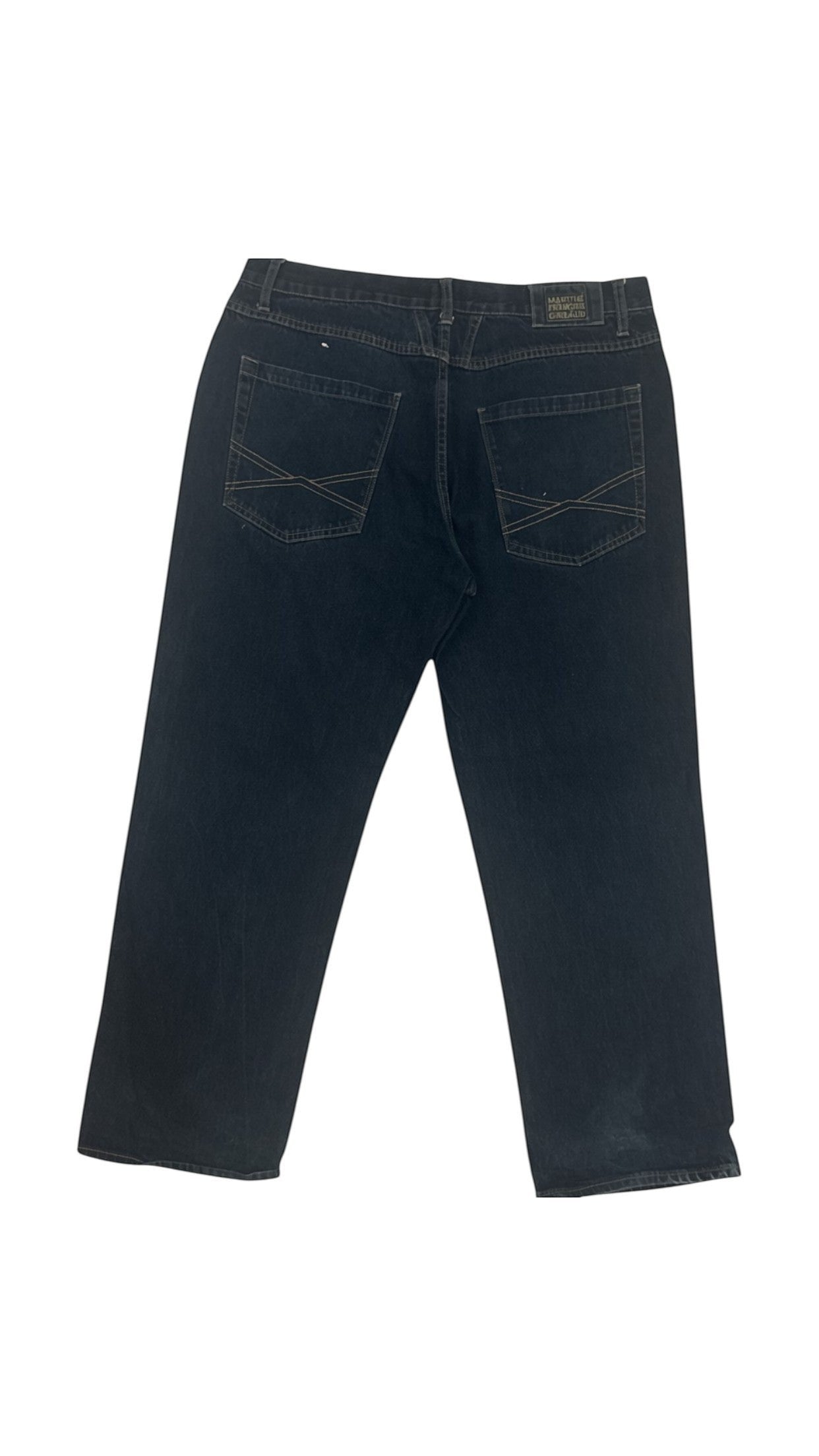 SohoStich Co. dark wash straight leg denim jeans with five-pocket design and subtle stitching on back pockets.