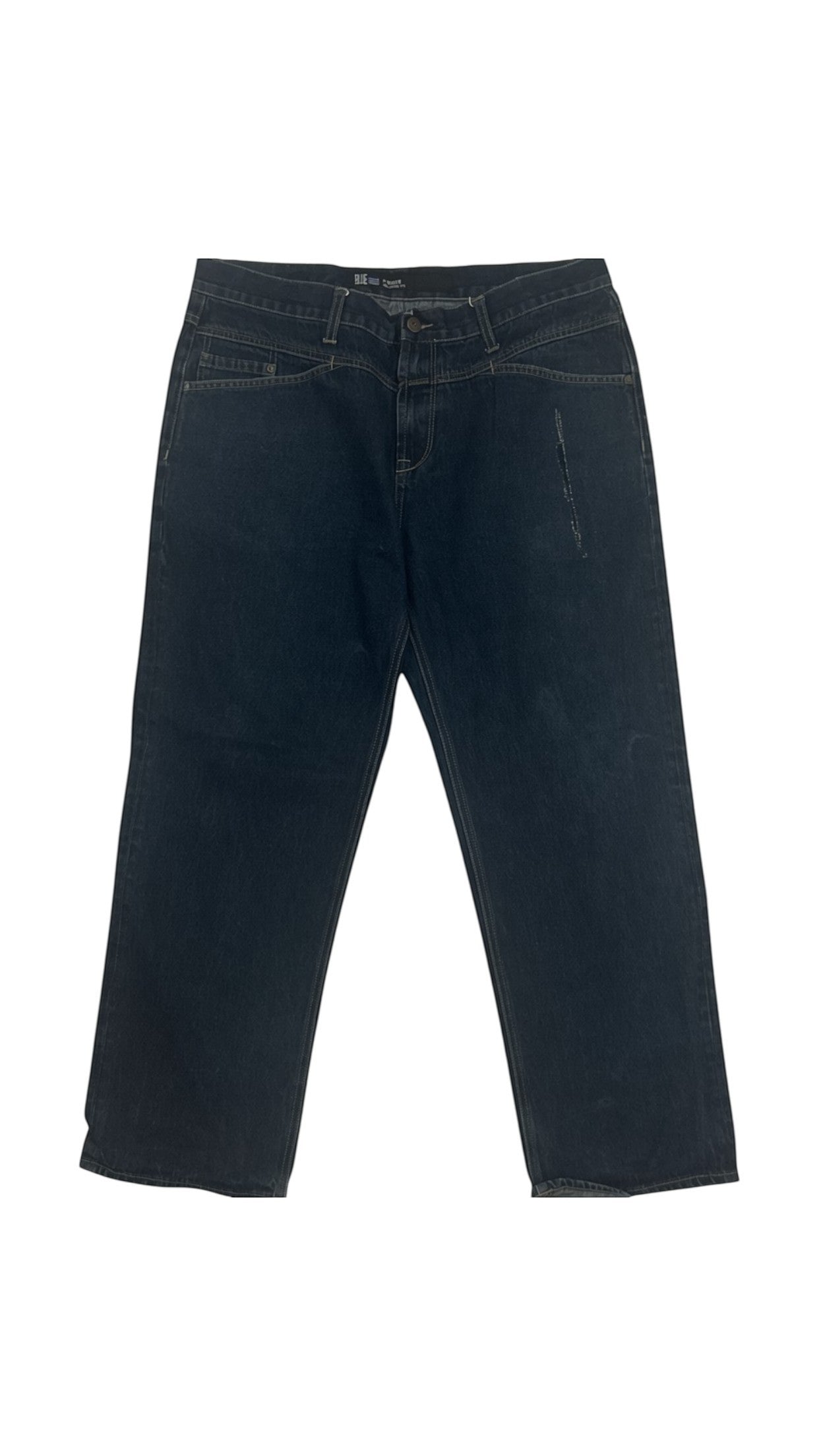SohoStich Co. dark wash straight leg denim jeans with five-pocket design and subtle stitching detail on back pockets.