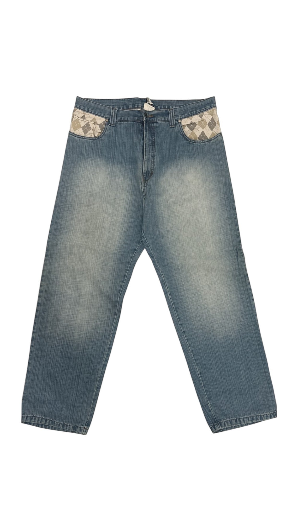 SohoStich Co. light blue wash denim jeans with argyle pattern on front pockets and subtle fading.
