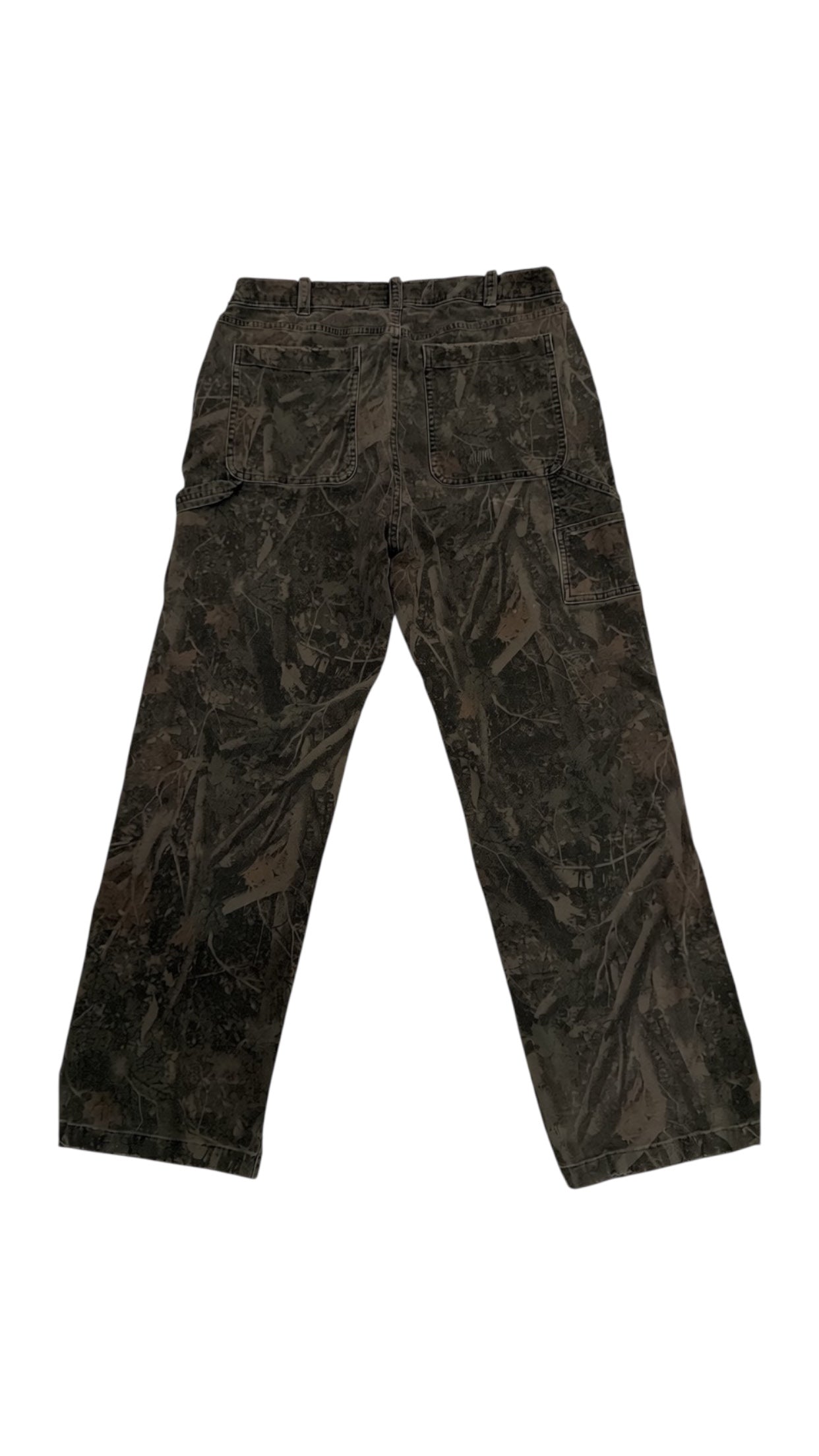 SohoStich Co. distressed camouflage cargo pants in brown and green, cotton blend, relaxed fit, multiple pockets.