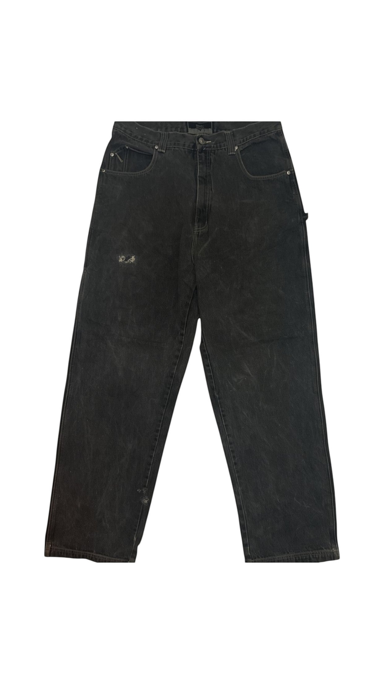 SohoStich Co. dark wash distressed denim carpenter pants with relaxed fit and five-pocket styling.