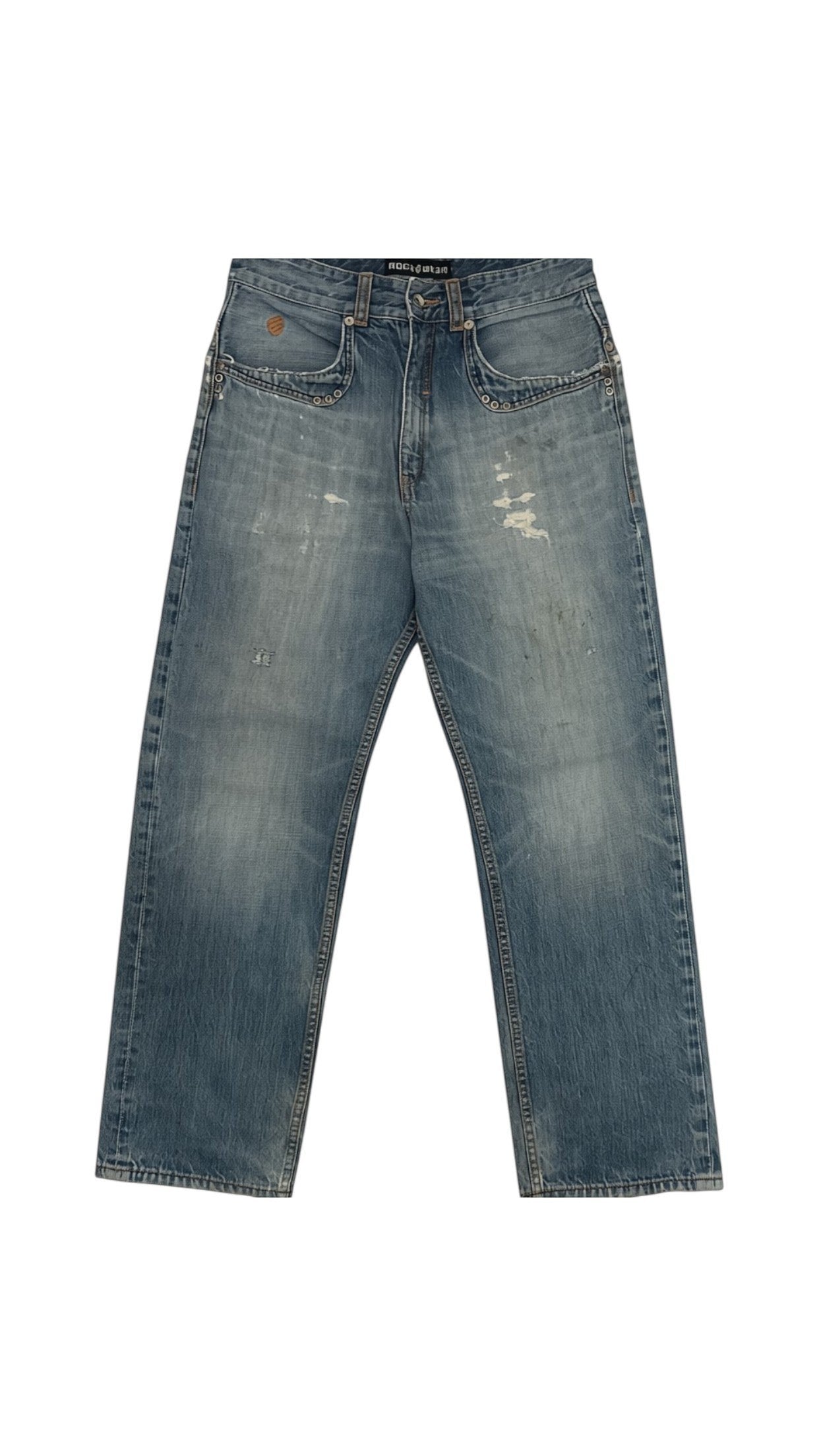 SohoStich Co. blue denim jeans with button fly, distressed detailing, and straight-leg fit.