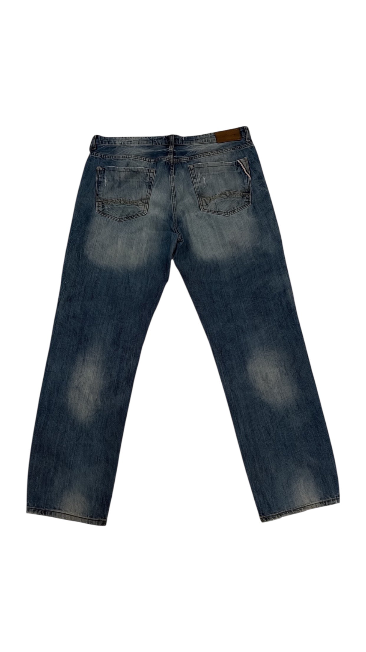 SohoStich Co. men's blue distressed denim jeans with relaxed fit and faded wash.