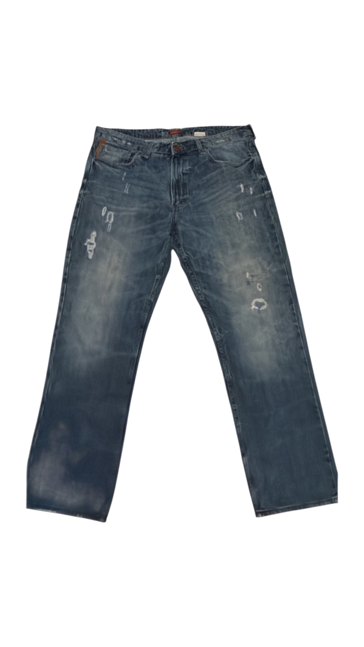 SohoStich Co. men's blue denim jeans with distressed details and a relaxed fit.