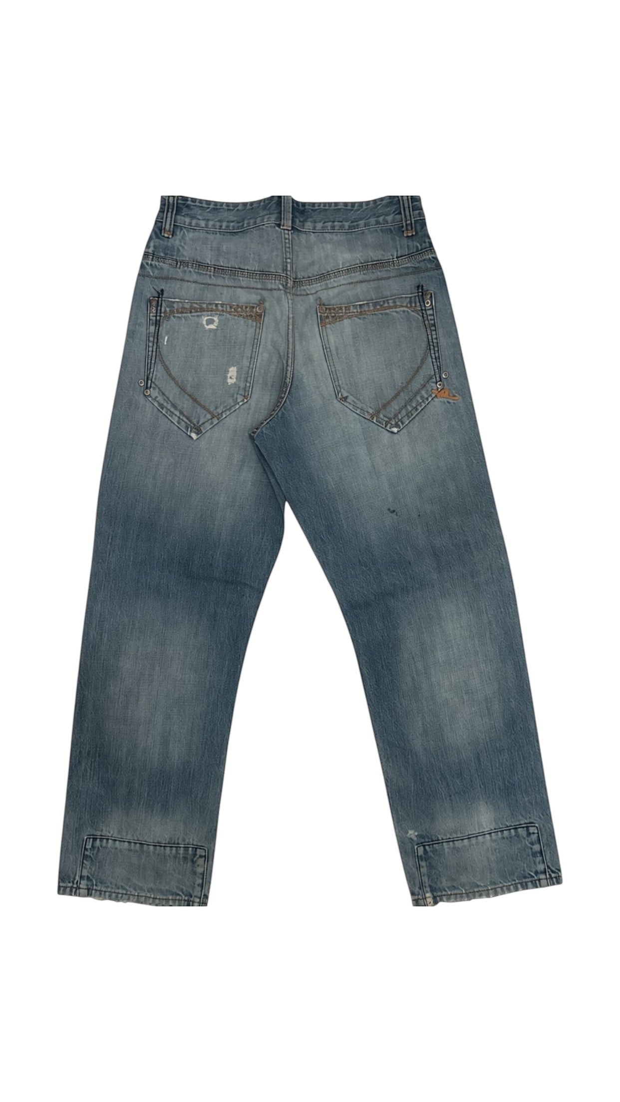 SohoStich Co. blue wash distressed denim jeans with button fly and straight leg fit.