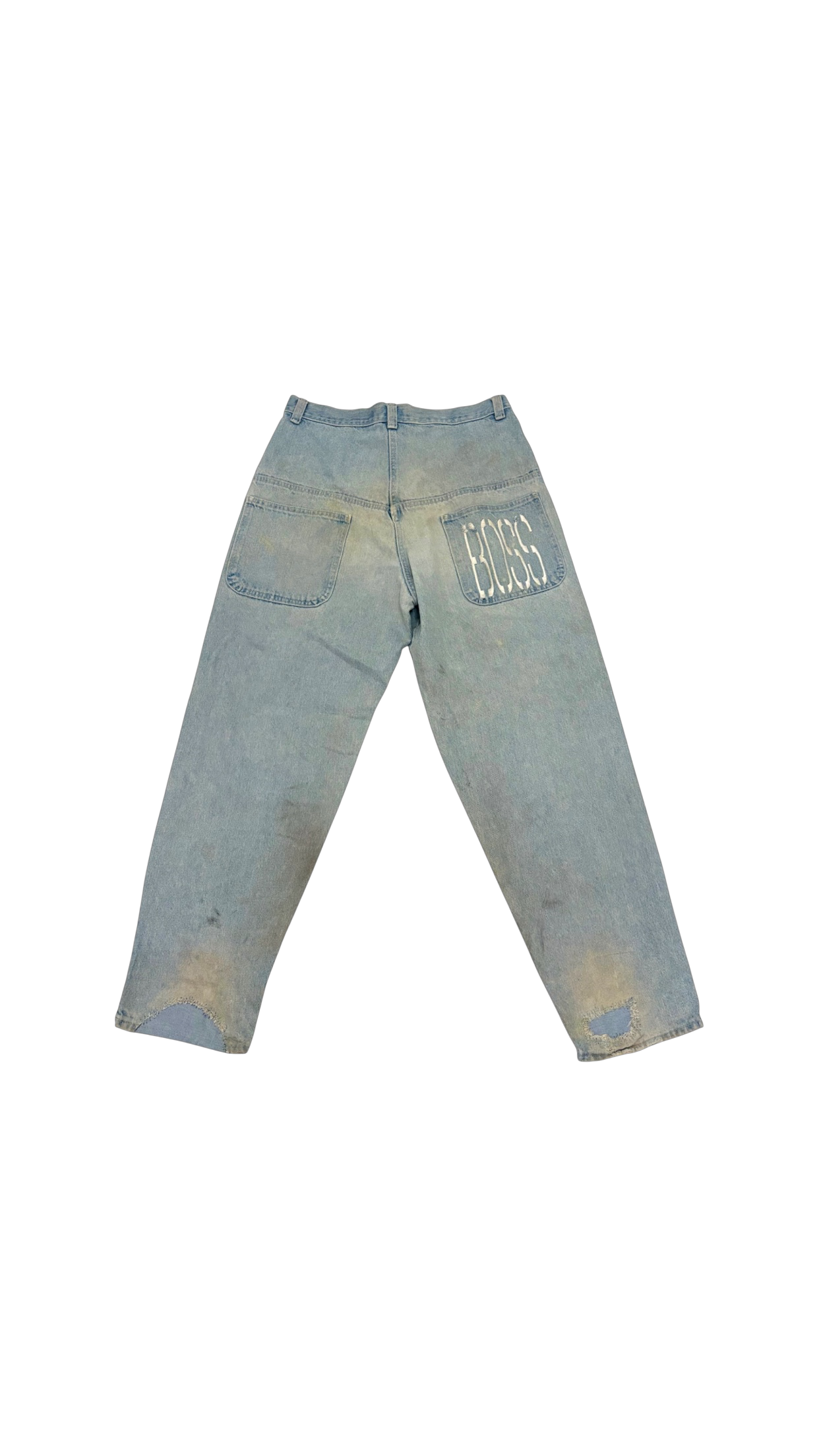 SohoStich Co. light wash denim jeans with baggy fit, distressed details, and 