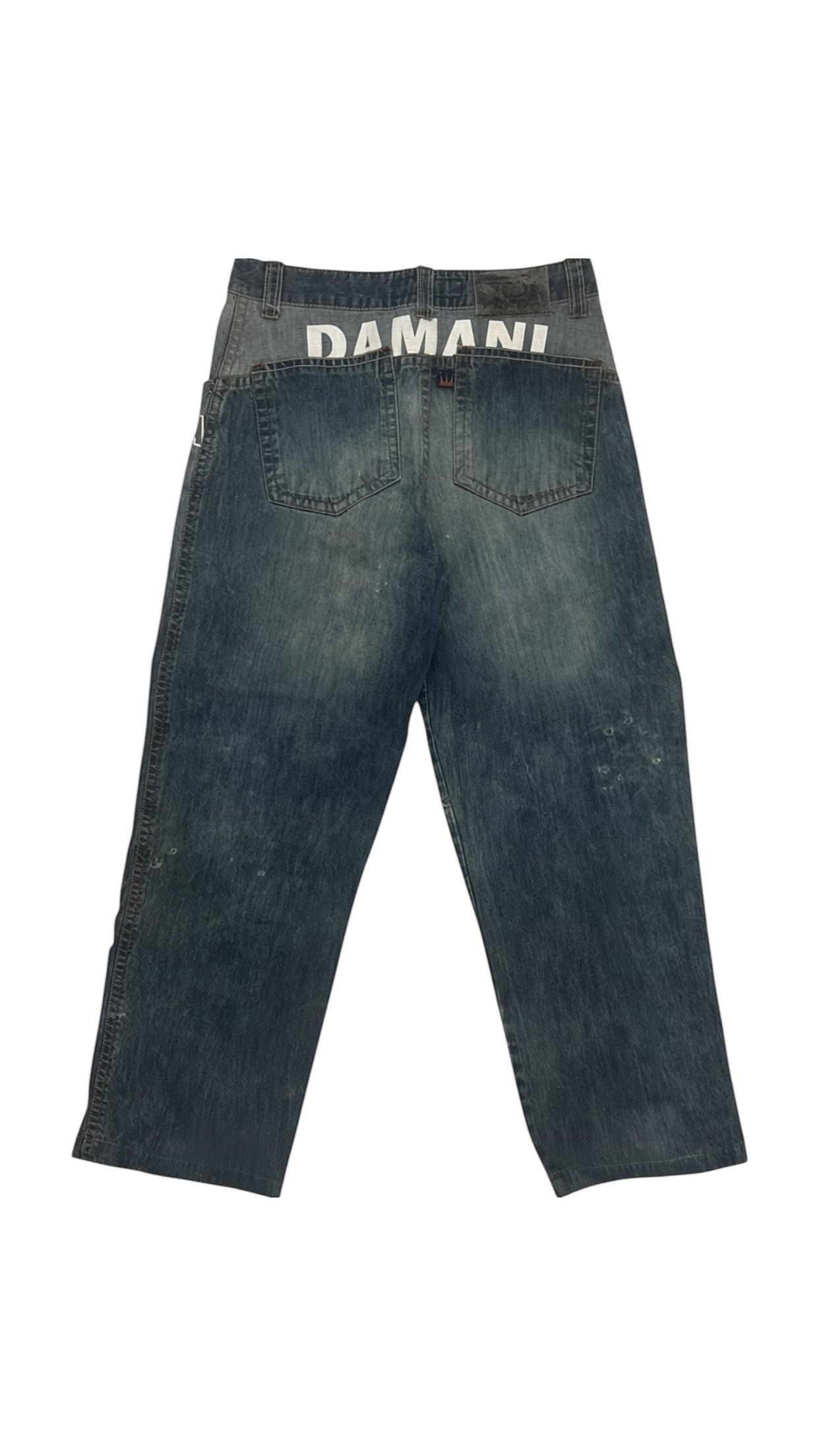 SohoStich Co. blue denim jeans with distressed details and white 