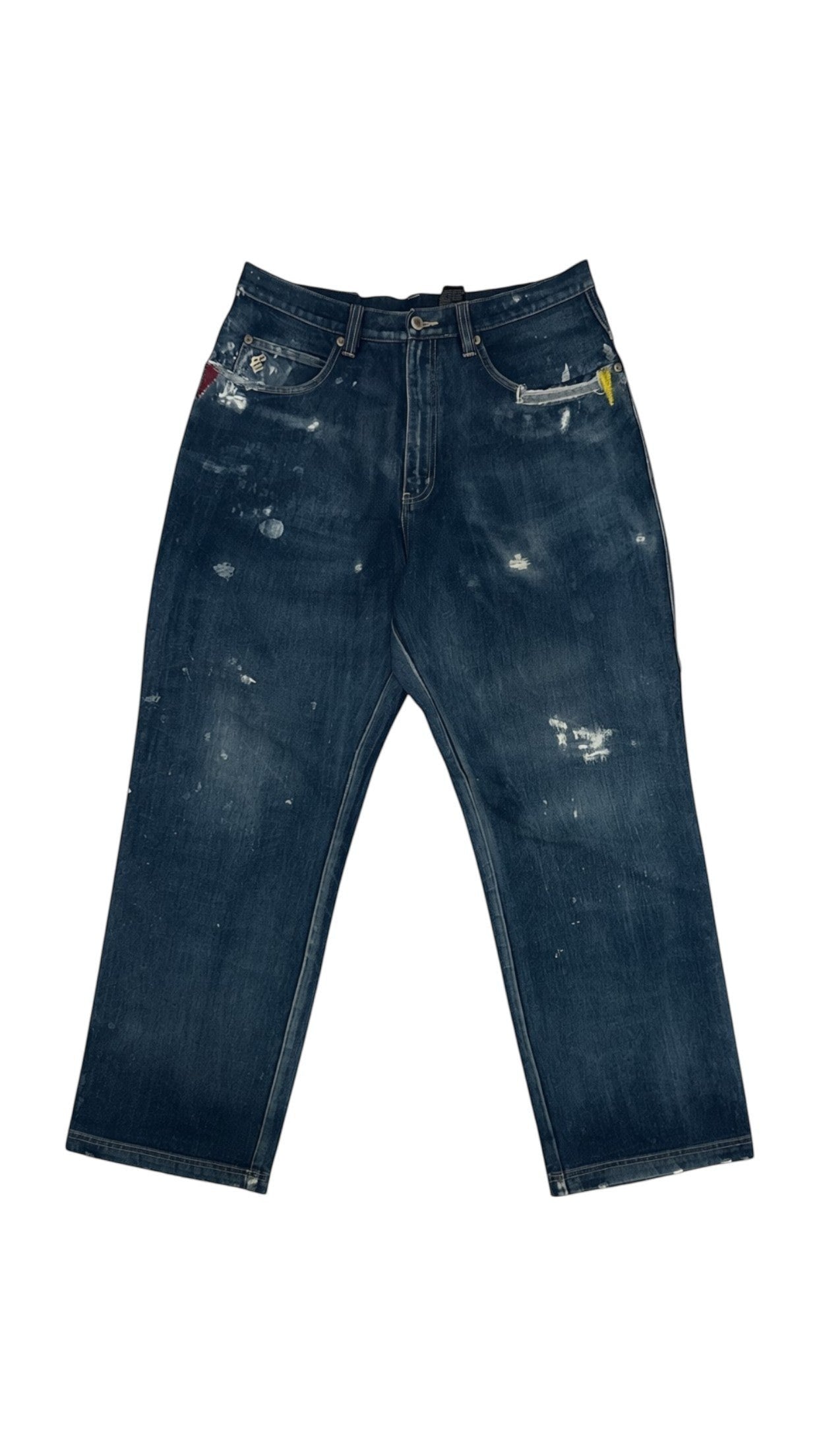 SohoStich Co. dark wash relaxed fit denim jeans with distressed paint splatters, rips, and unique pocket details.